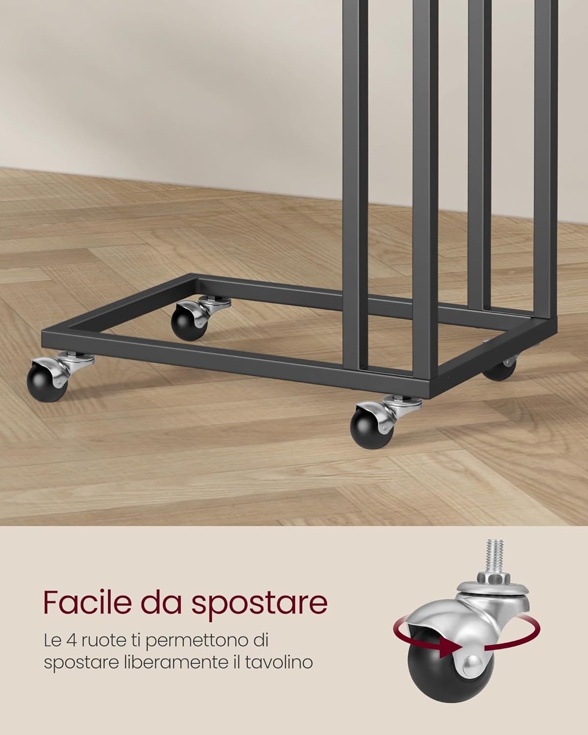 Detalle de VASAGLE LNT050B56 tavolino da letto con ruote e 4 piedi regolabili, comodino mobile nero ebano