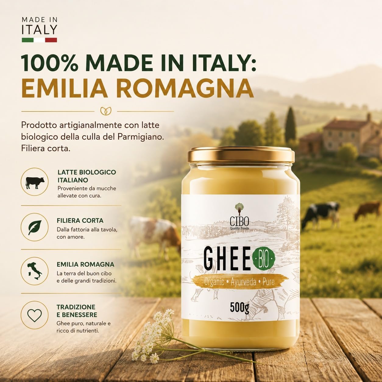 Detalle de Cibo Burro Ghee Biologico 500g: latte di Parma e Reggio Emilia, alta temperatura e digeribilità
