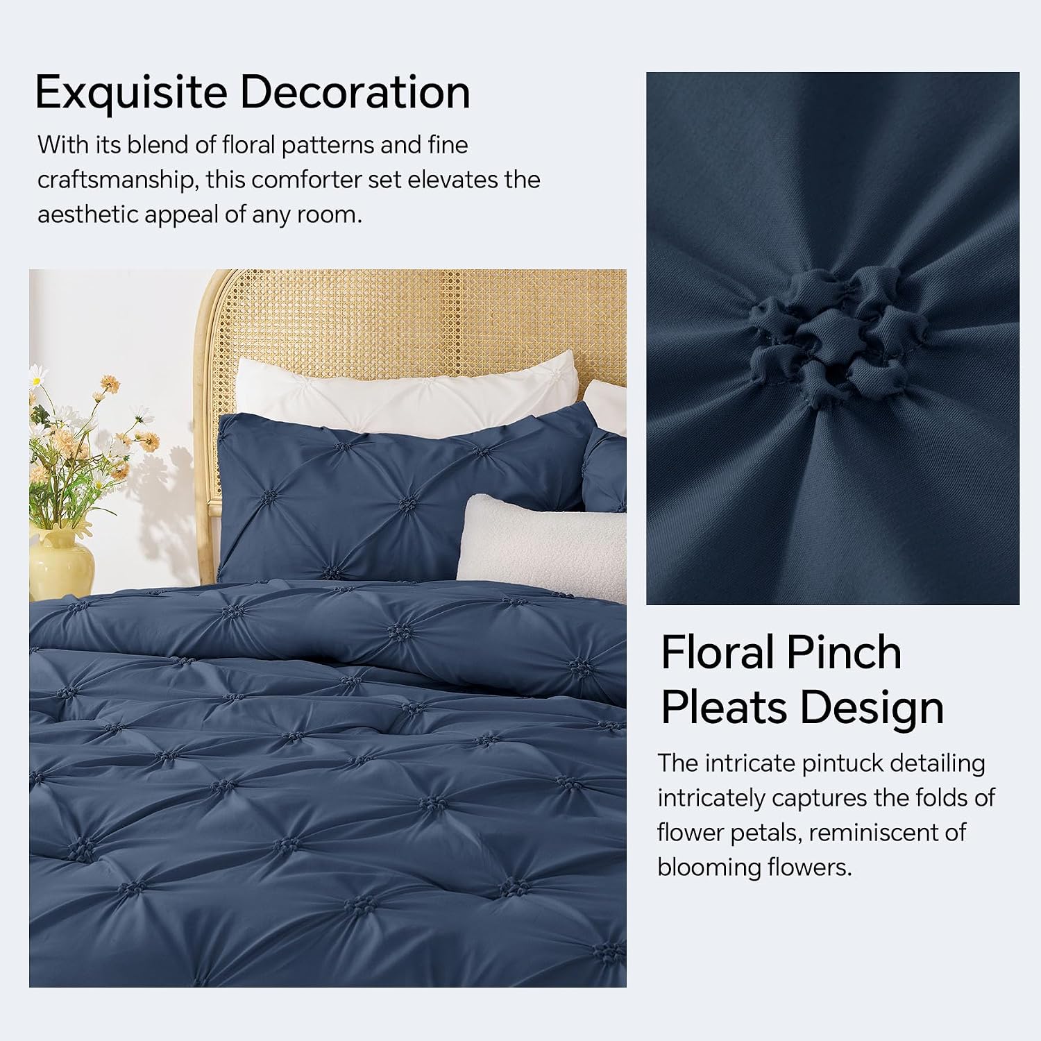 Detalle 2 de BEDELITE BECAB2G1 Queen Comforter Set, Navy Blue Boho Pintuck, 3-Piece