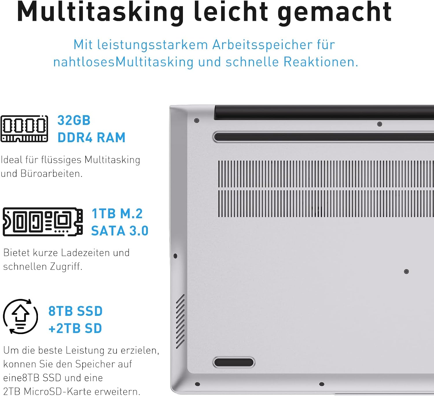 Detalle de Auusda Laptop 15,6 Zoll – 32 GB RAM, 1 TB SSD, Fingerabdrucksensor, beleuchtete Tastatur