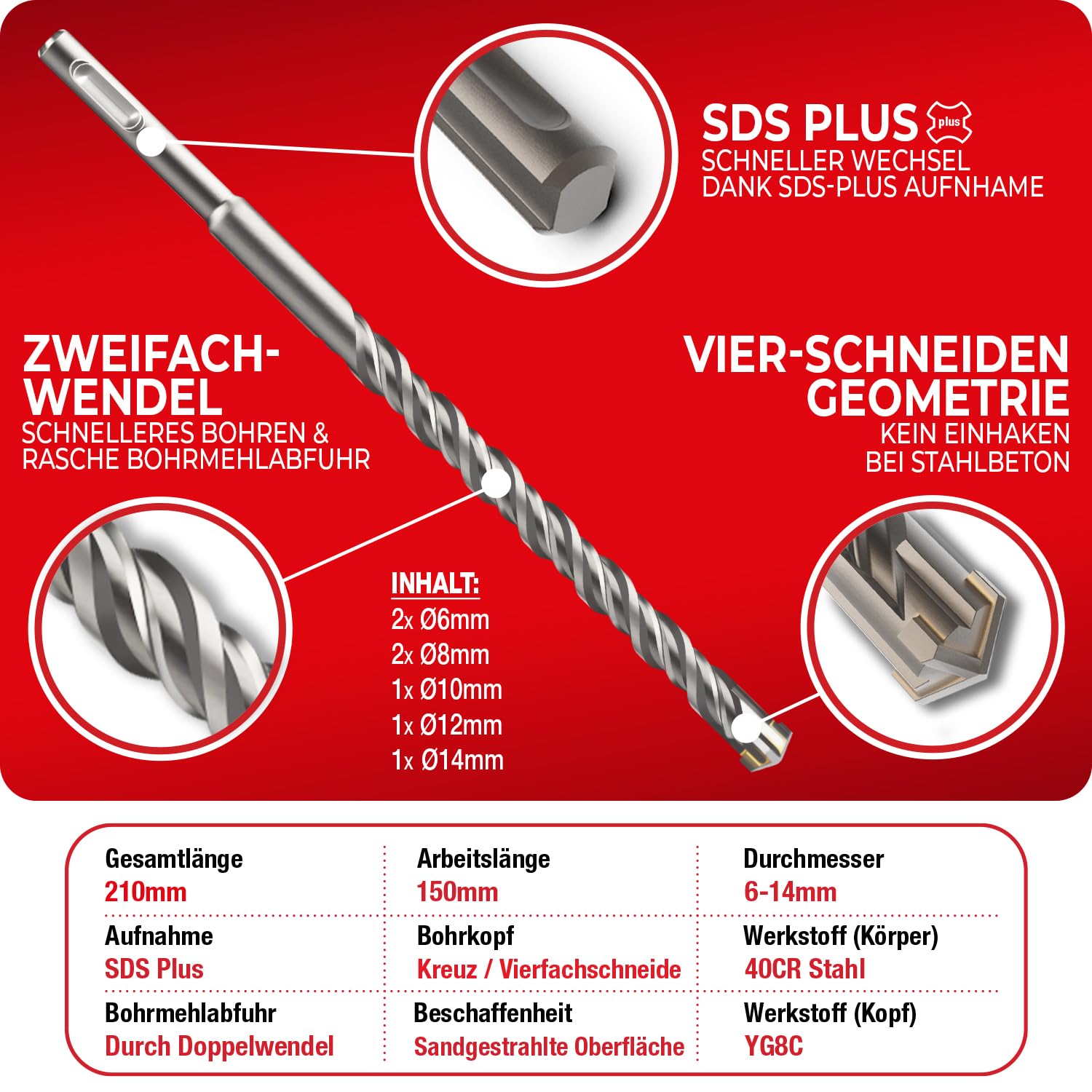 Thumbnail 2 de SCHWABENBACH® SDS-Plus Betonbohrer-Set (7-tlg.) 6/8/10/12/14 × 210 mm – für Bohrhämmer mit SDS-Plus