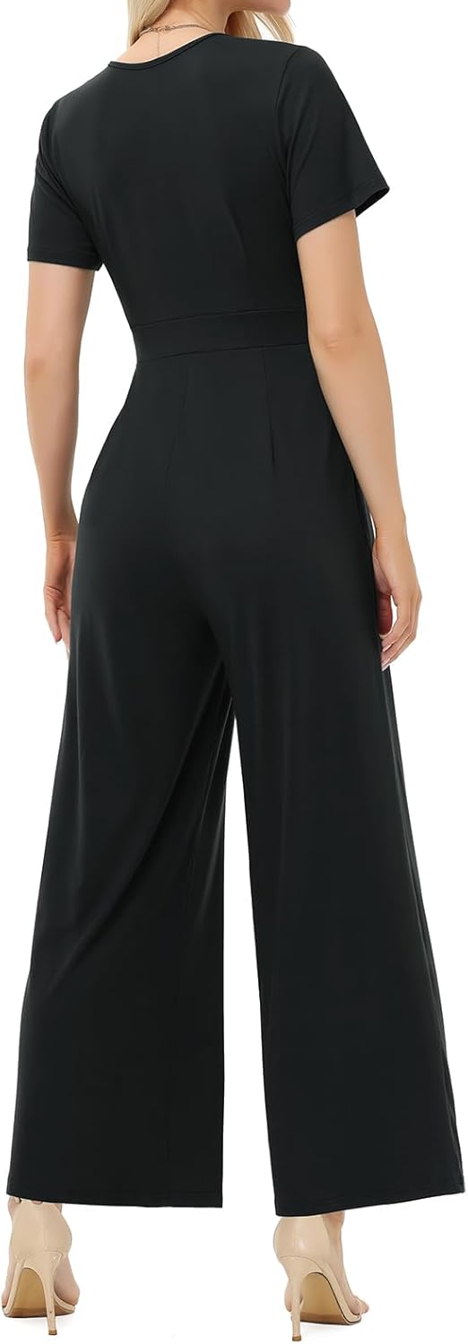 Thumbnail 3 de Tanmolo Damen Jumpsuit Elegant Sommer – Kurze Ärmel, V-Ausschnitt, weitem Bein, Taschen, High-Waist