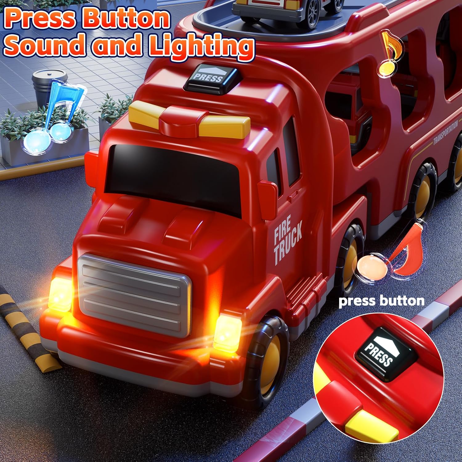 Detalle de KIZONLY Fire Truck Toys 5-in-1 Carrier Vehicle Set ๐