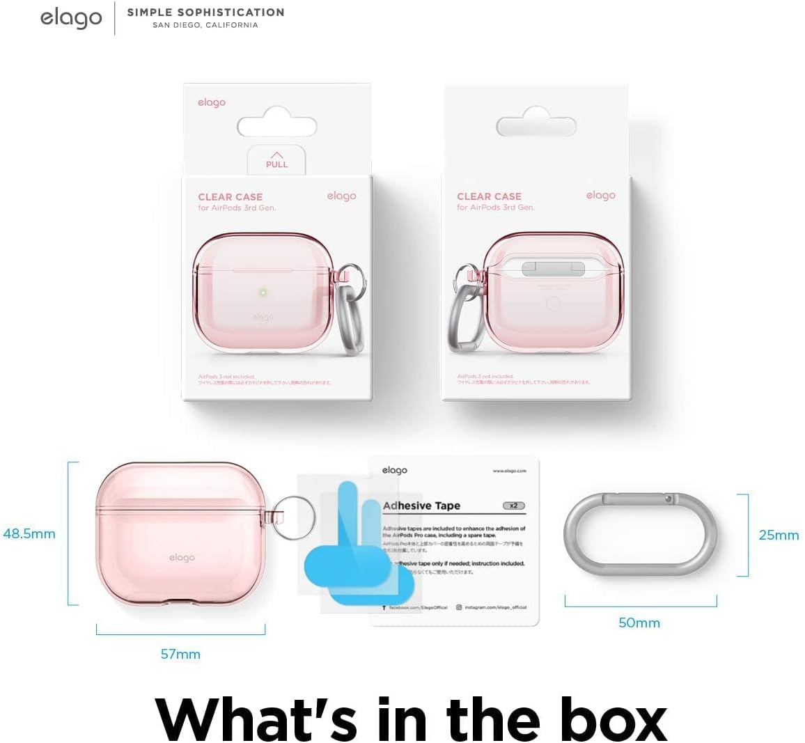 Detalle de elago Coque transparente avec mousqueton pour AirPods 3 (Rose) – ruban adhésif inclus