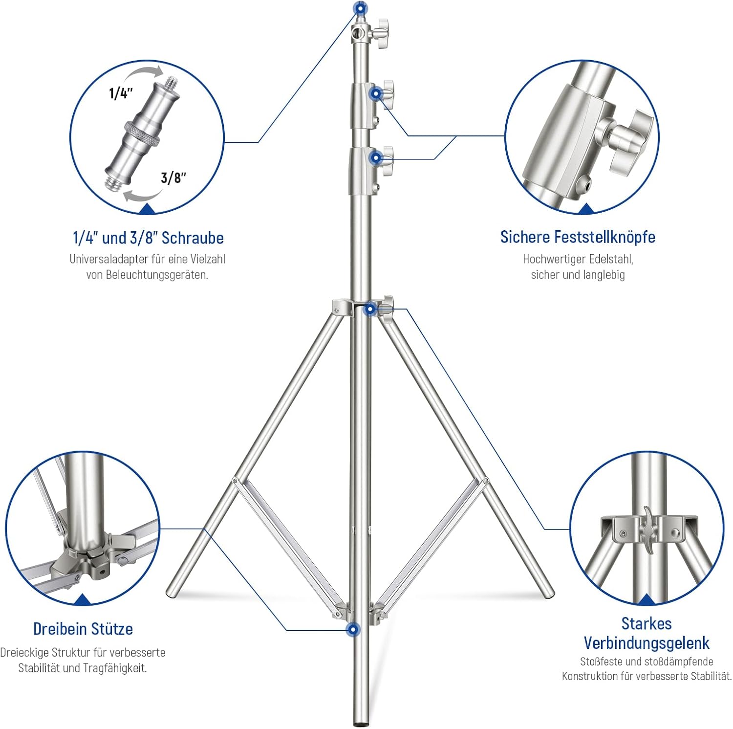 Thumbnail 4 de NEEWER ST-280SS Lichtstativ (2er-Set) aus Edelstahl, 126–280 cm, federgedämpft, 1/4"–3/8" Adapter