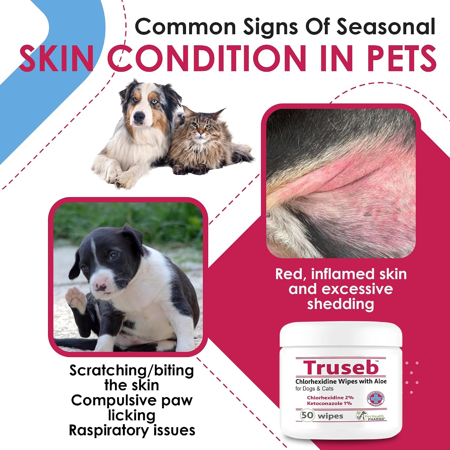 Thumbnail 6 de Truseb クロルヘキシジンワイプ 犬・猫・馬用 2種の成分配合、アロエベラ付き 50枚