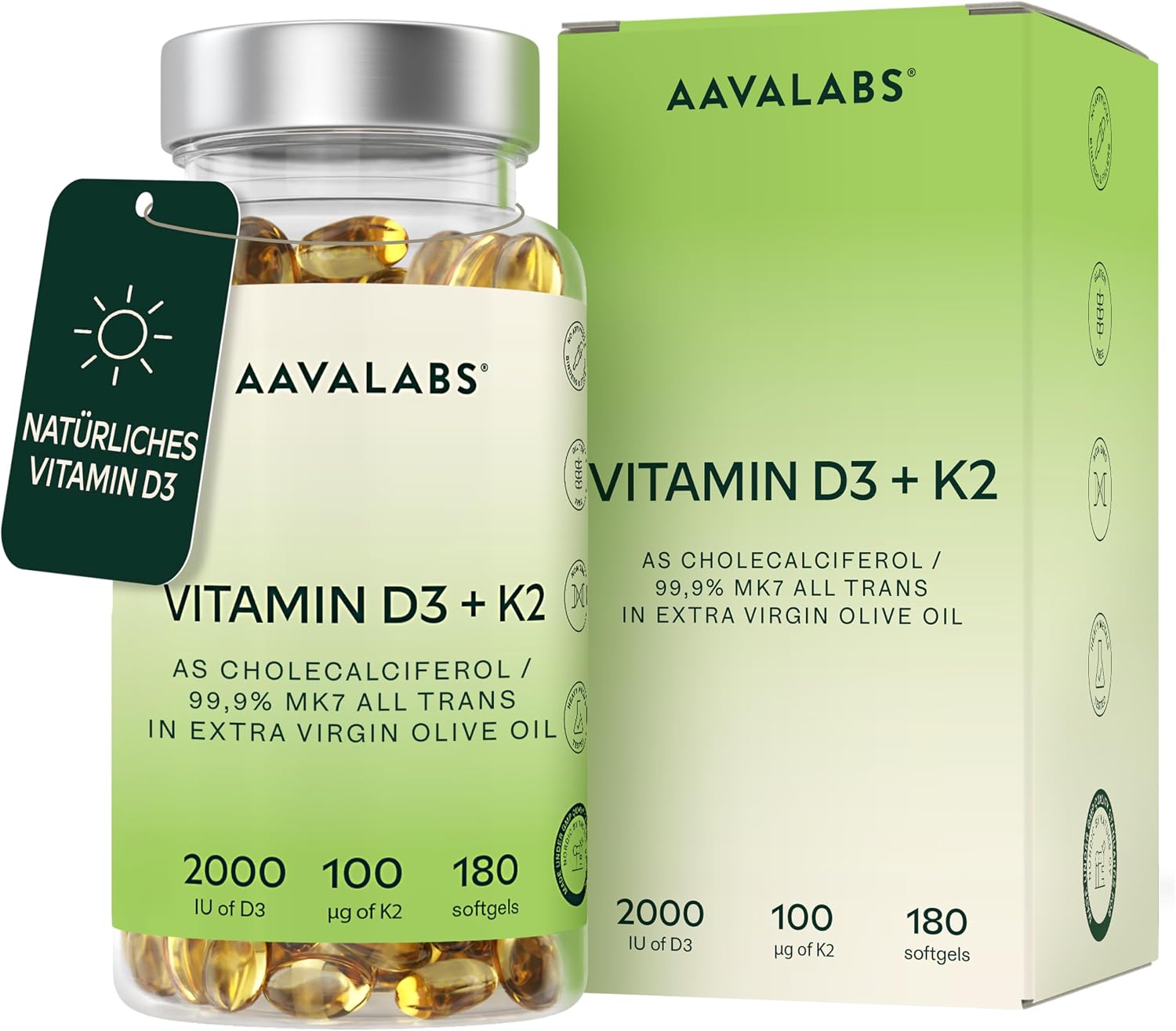 Detalle de Vitamin D3 K2 hochdosiert mit nativem Olivenöl – Vitamin D 2000 IE + Vitamin K2 MK7 100 μg