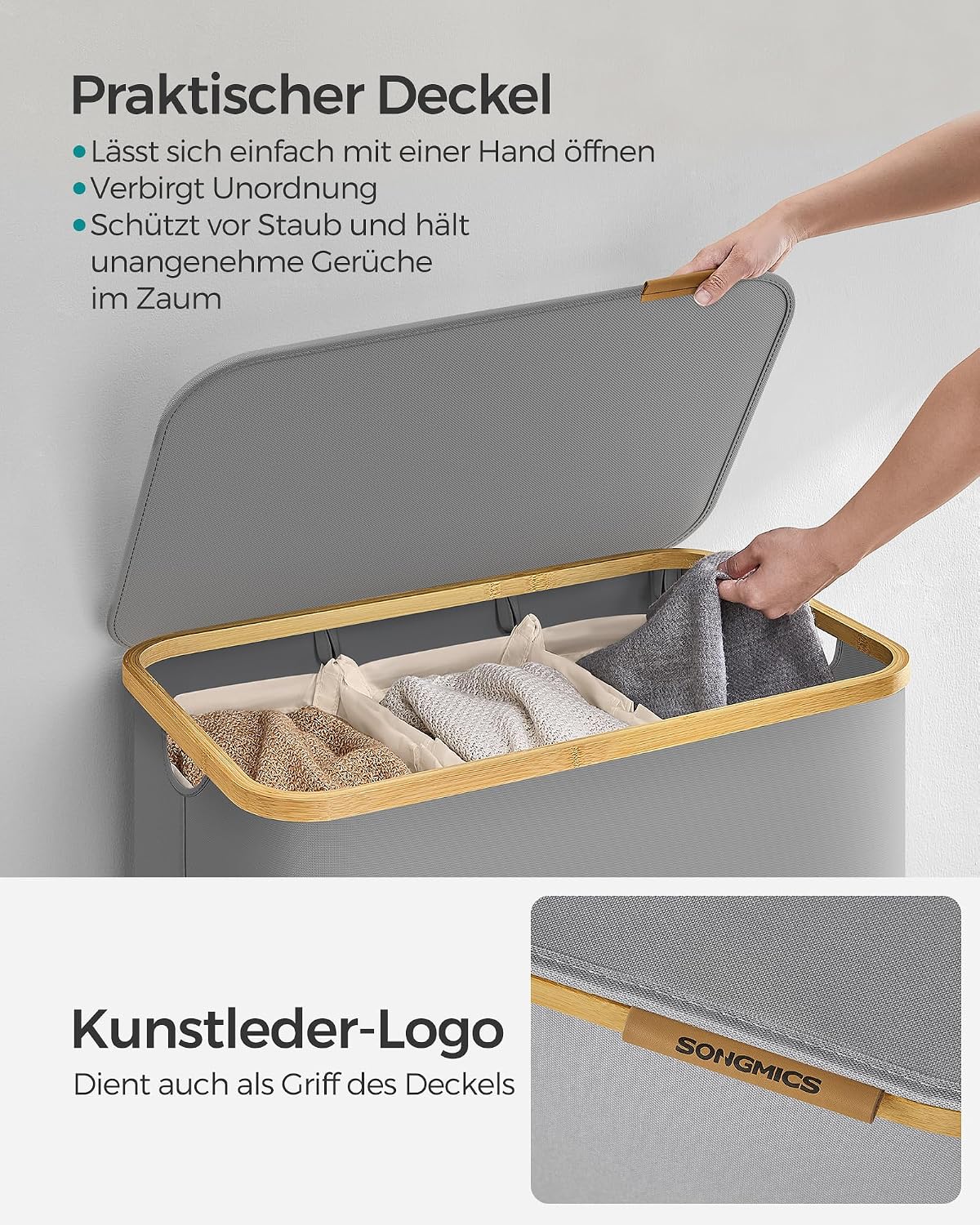 Detalle 2 de SONGMICS Wäschekorb 3 Fächer mit Deckel 150 L