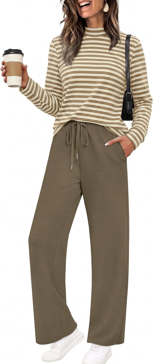 Detalle de Sampeel Women's Two-Piece Set with Mock-Neck Top and Wide-Leg Pants