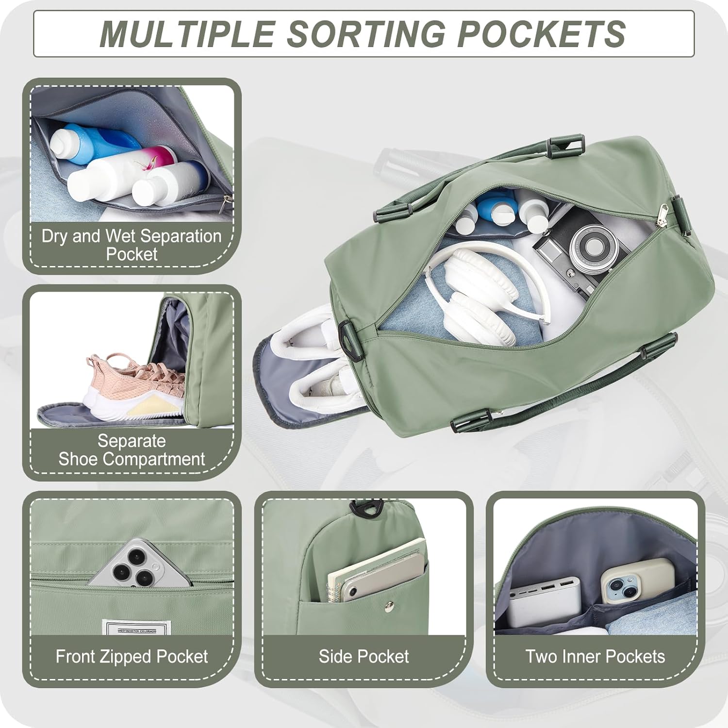 Thumbnail 2 de WEPLAN Sporttasche mit Schuhfach & Nassfach (46 x 25 x 28 cm) – Graugrün, Weekender & Gym-Bag für Damen und Herren