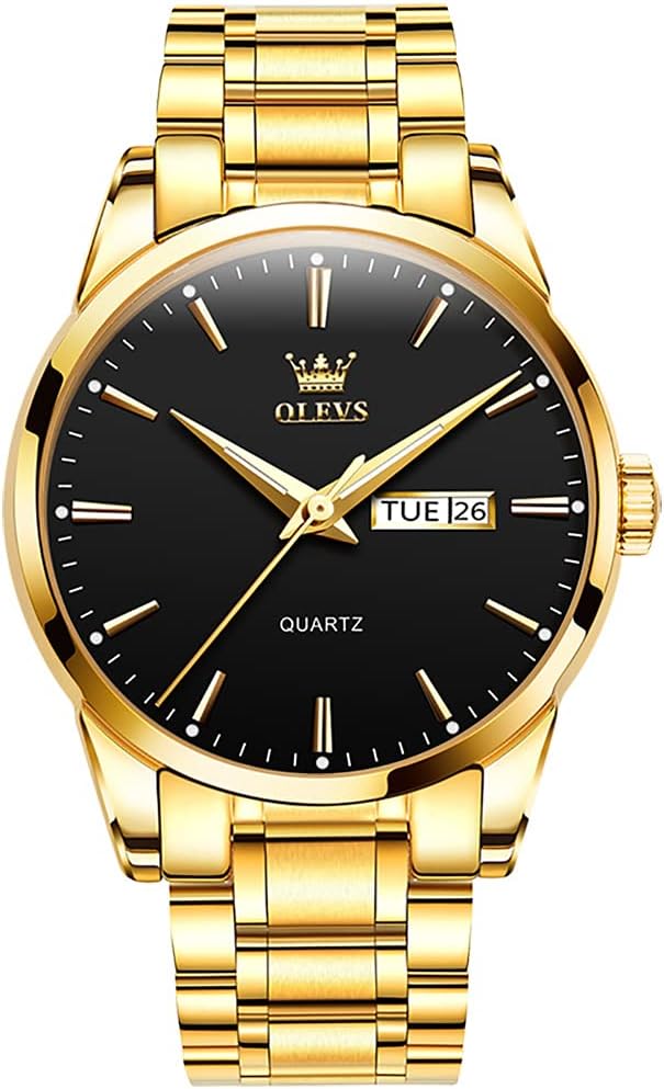 Detalle de OLEVS Herrenquarzuhr Gold/Schwarz mit Edelstahlarmband – klassisches Datumsdesign, bis 30 m wasserdicht