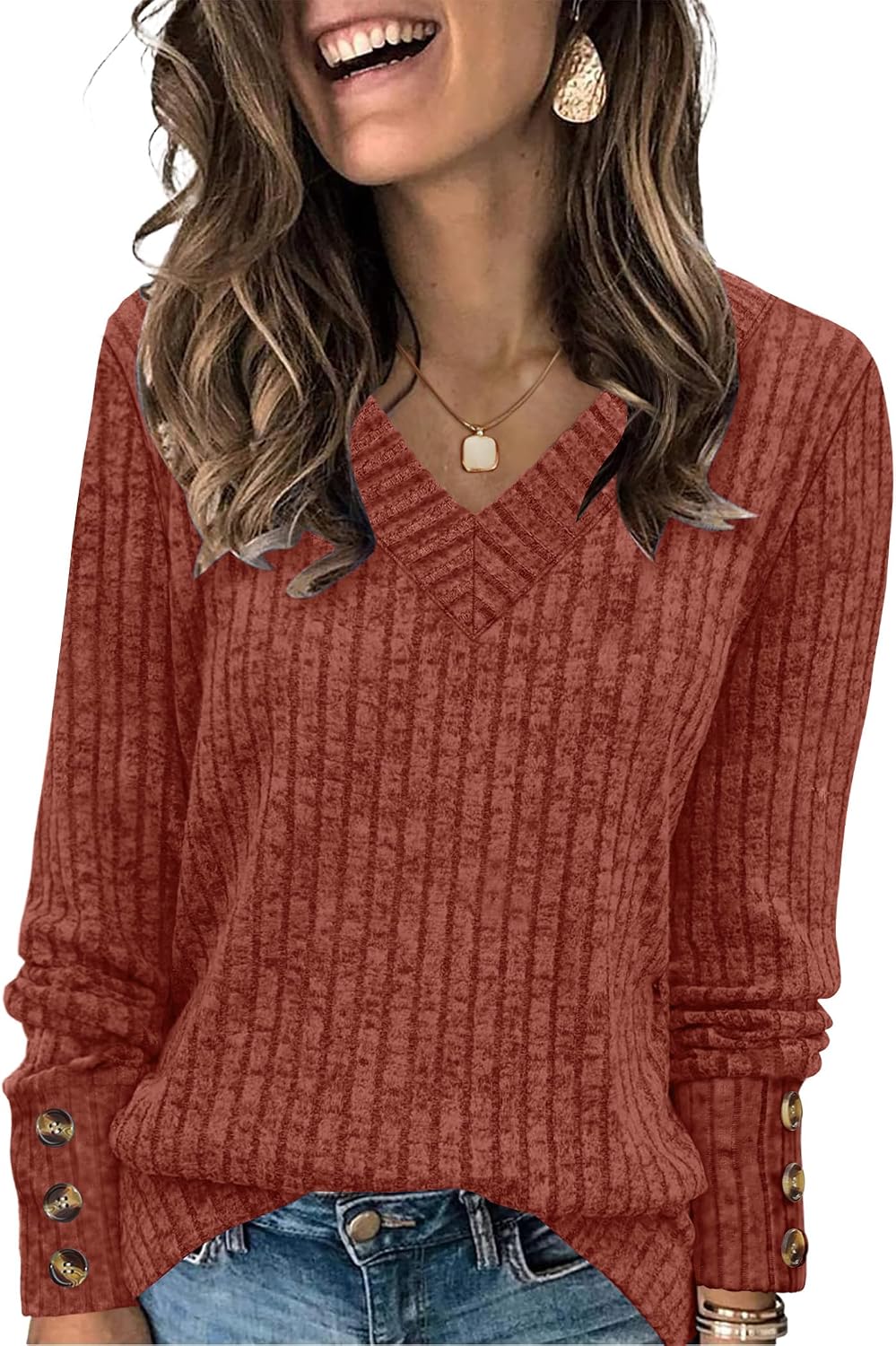 Thumbnail 6 de WIHOLL Women’s V-Neck Long Sleeve Jumper Top with Button Cuffs (Lightweight Sweatshirt)