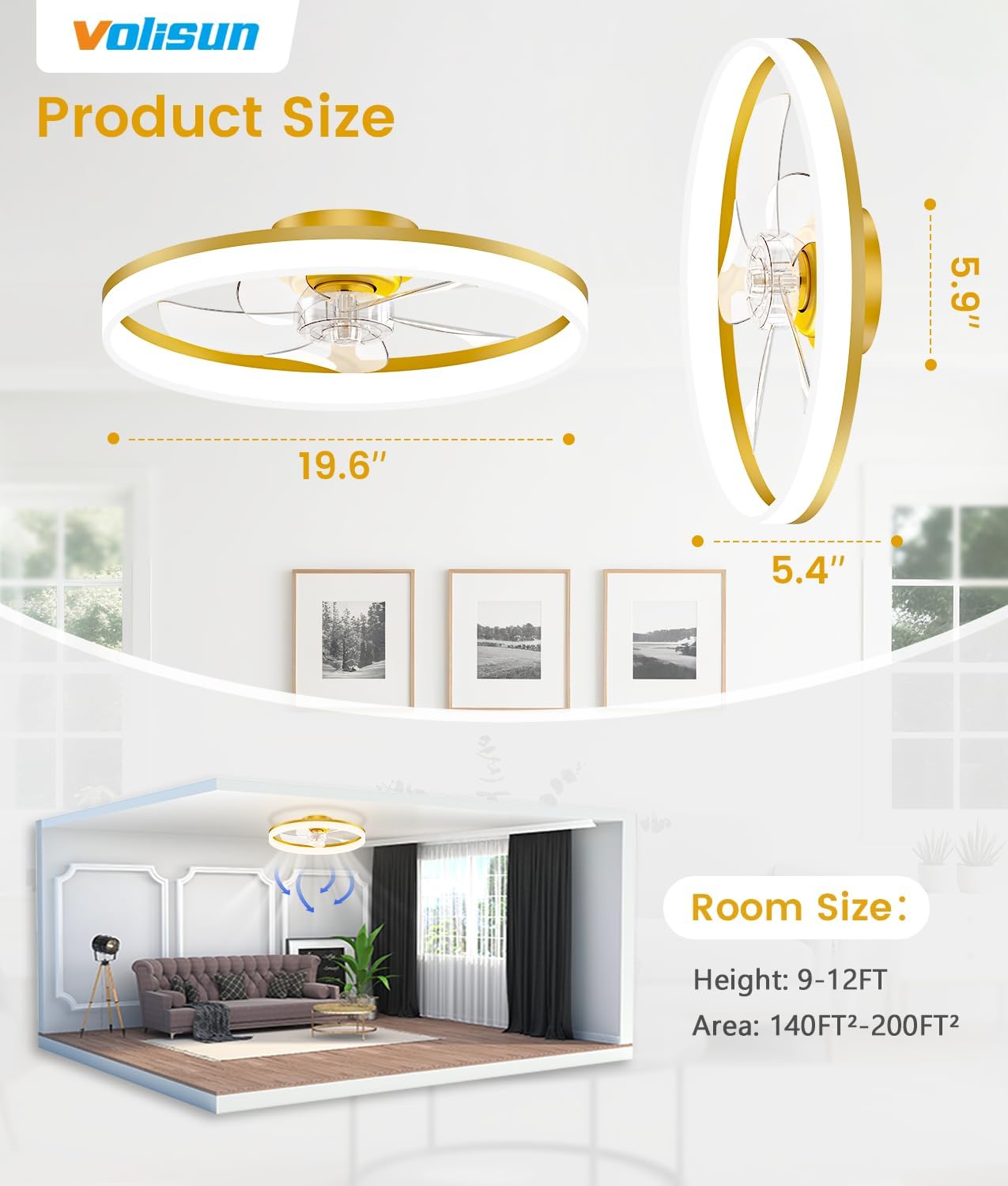 Detalle de VOLISUN 21171ZM Low-Profile Ceiling Fan with Light, Remote, and Gold Finish