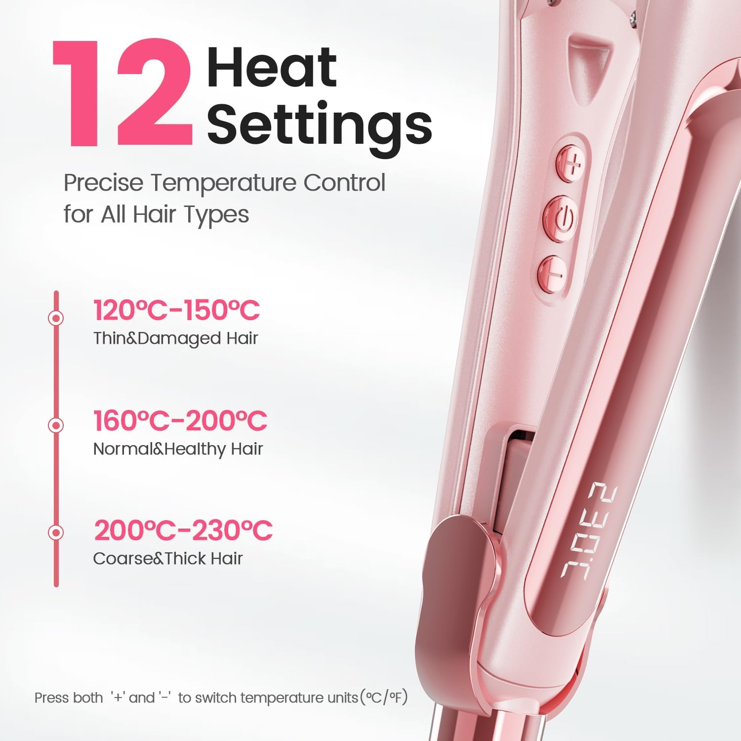 Thumbnail 6 de Dekuri 42mm Wide Plate Hair Straighteners with water-based ceramic coating, 120–230°C (Shell Pink)
