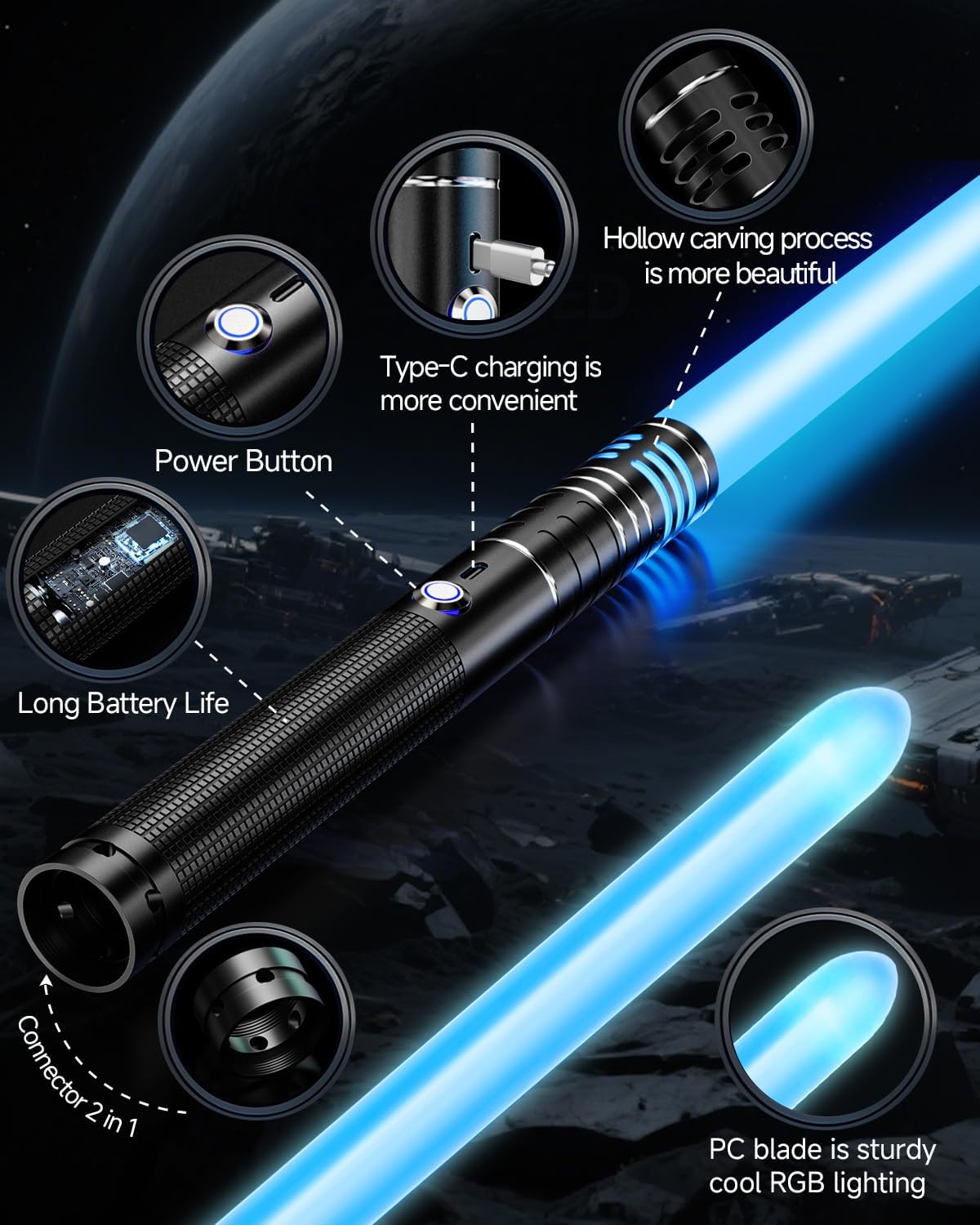Thumbnail 4 de Lichtschwert 2 in 1 Duell – USB-Aufladbares Doppel-Laserschwert mit 16 RGB-Farben, 4 Sounds, Aluminiumgriff (Schwarz-B)