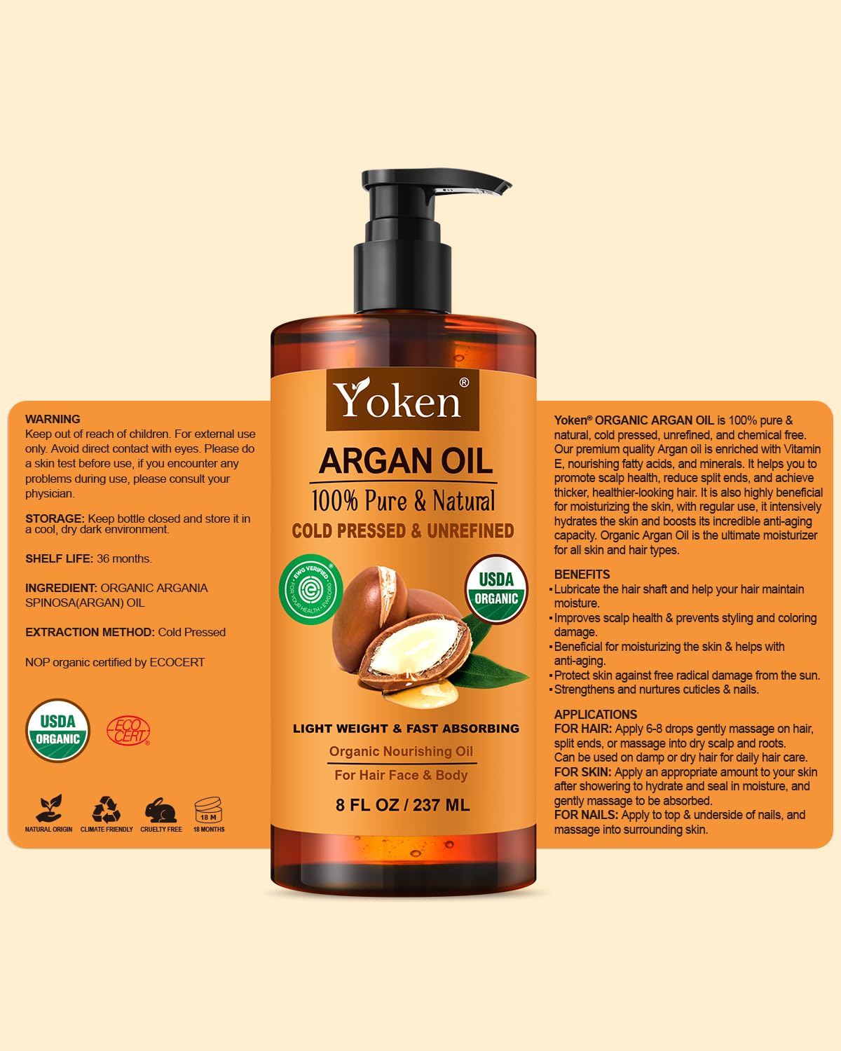 Thumbnail 6 de Yoken LWIBDY2S45 Argan Oil, 8 oz Cold-Pressed, Unrefined Moroccan Oil