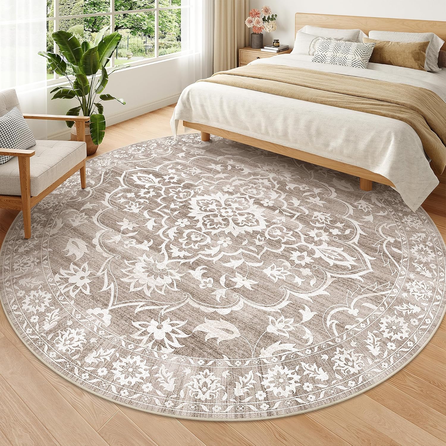 Thumbnail 2 de Soalmost Washable Round Rug 8ft: Soft, Non-Slip Floral Circle Carpet for Living Room