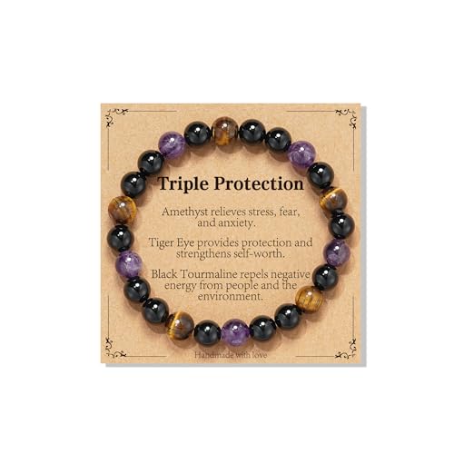 Detalle de ESPVO Crystal Bracelets Gift for Women – Amethyst, Tiger's Eye & Black Tourmaline Beaded Bracelet