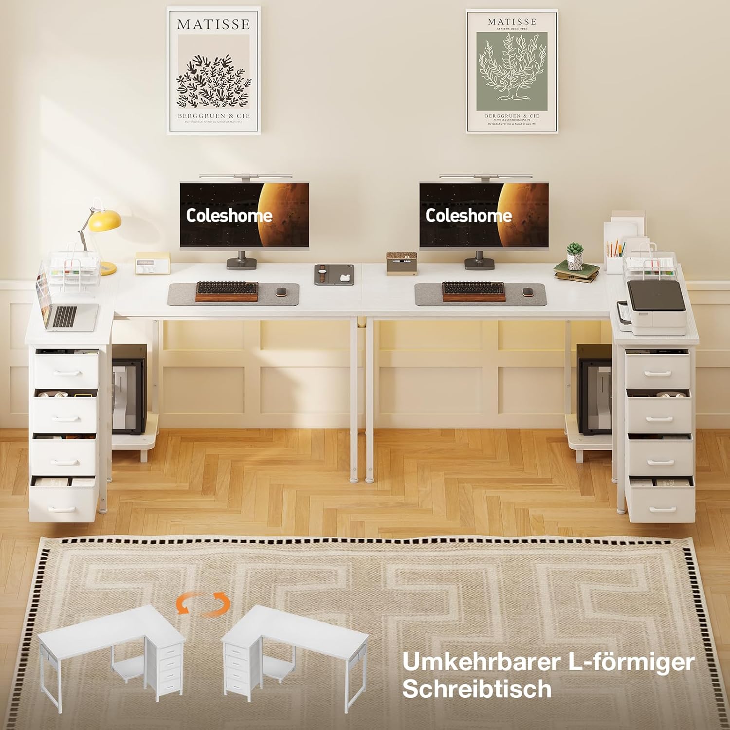 Thumbnail 1 de Coleshome Eckschreibtisch 120x70 cm – L‑Form mit 4 Stoffschubladen, links/rechts umkehrbar, Weiß