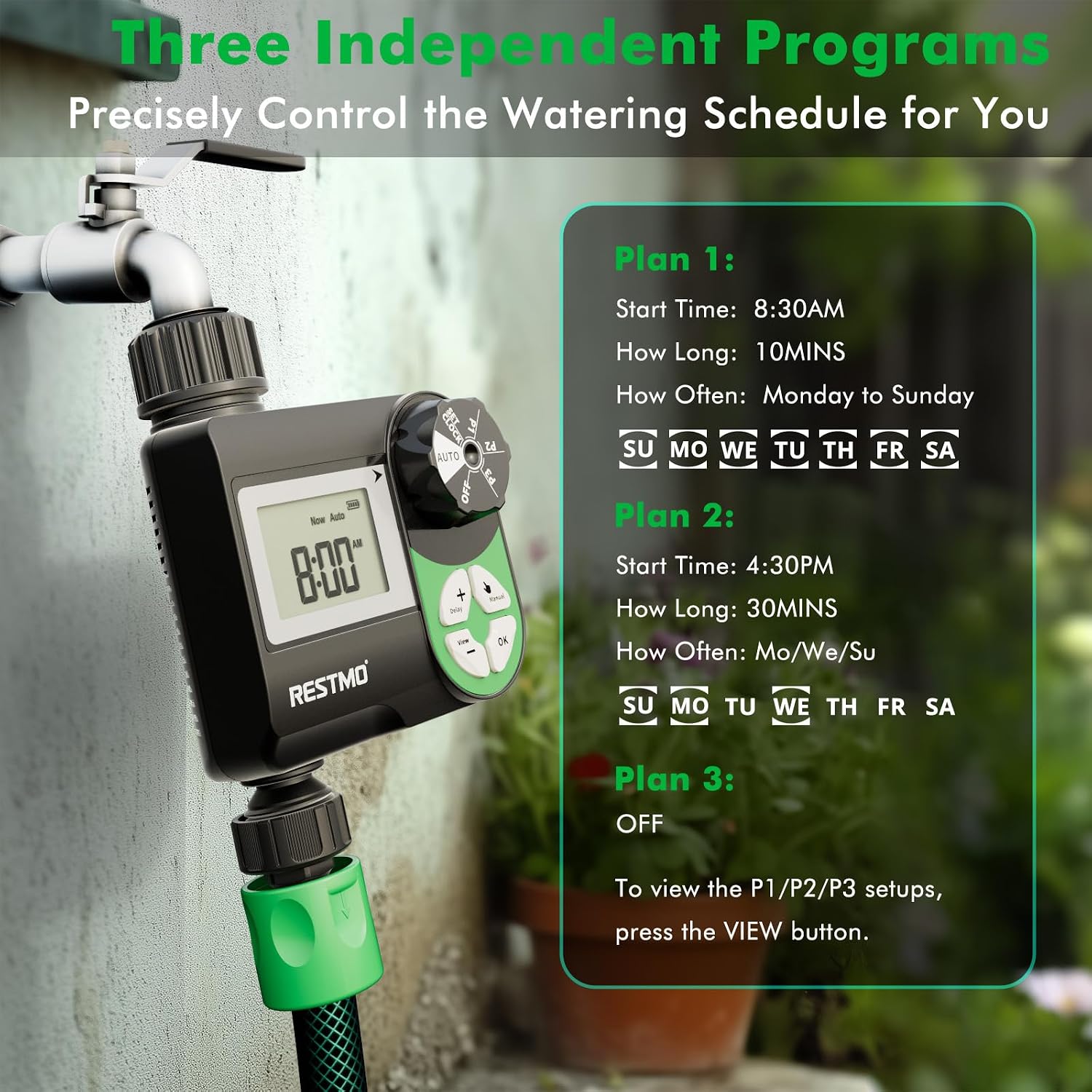 Detalle de RESTMO Water Timer with 3 Separate Programs – 7-Day Programmable Hose Timer for Garden Irrigation