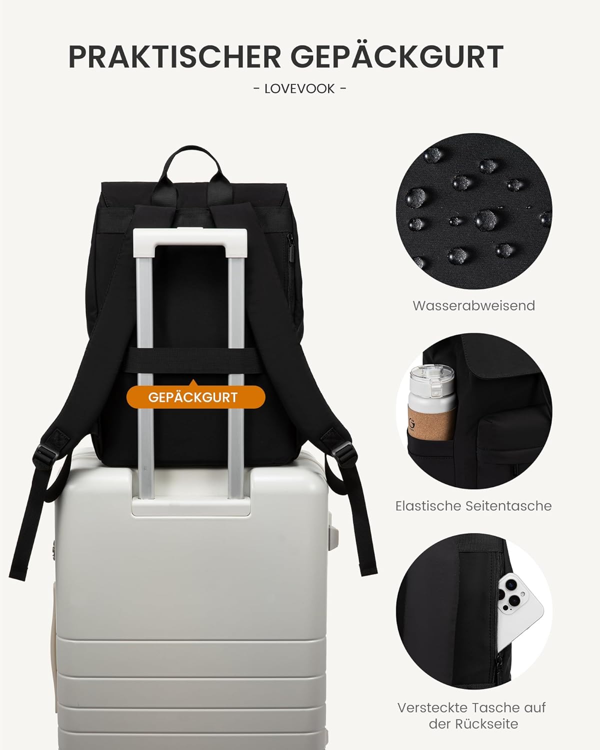 Detalle 2 de LOVEVOOK Rucksack Damen – leichter Schulrucksack mit Laptopfach bis 15,6 Zoll, Schwarz