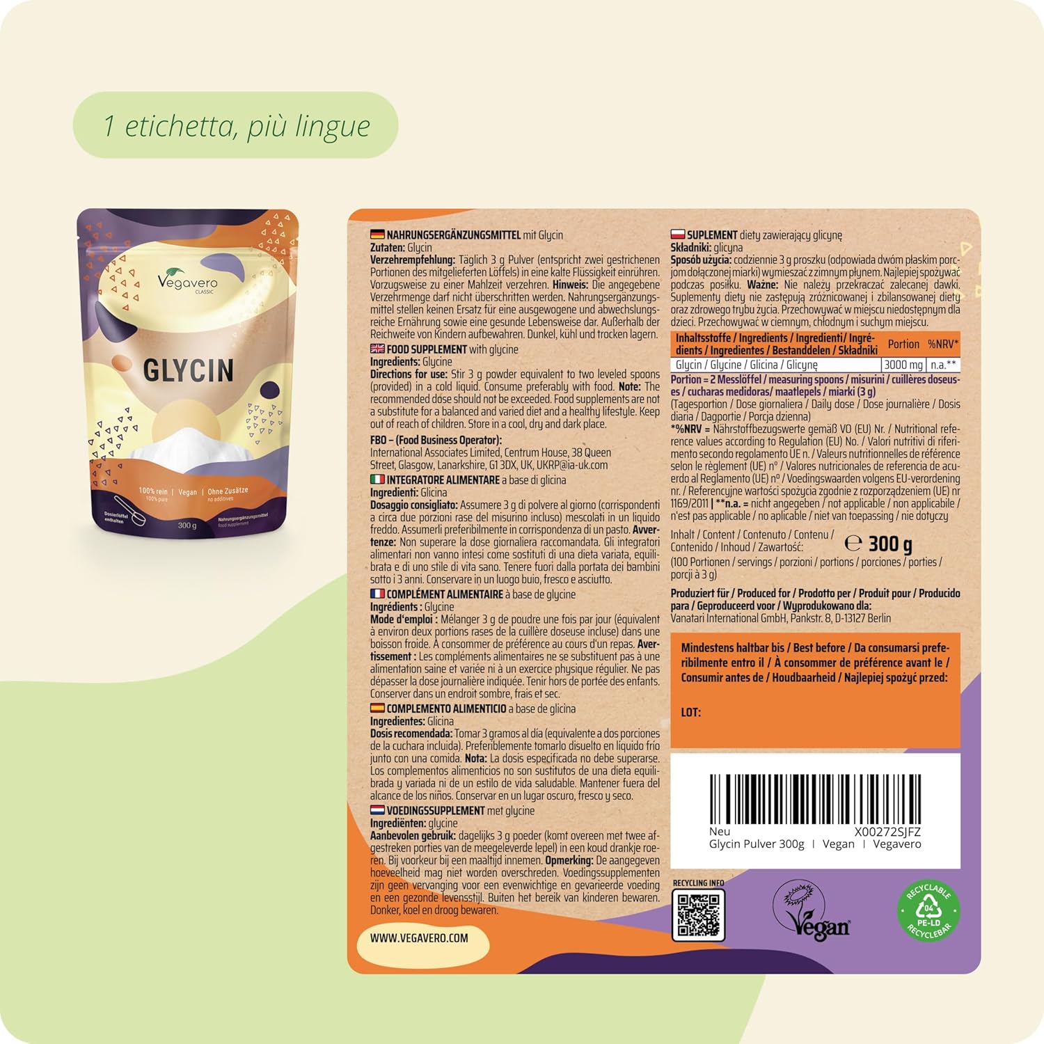 Thumbnail 5 de Glicina Vegavero® 300 g in polvere (L-Glicina 100% pura) con misurino, senza additivi, vegan