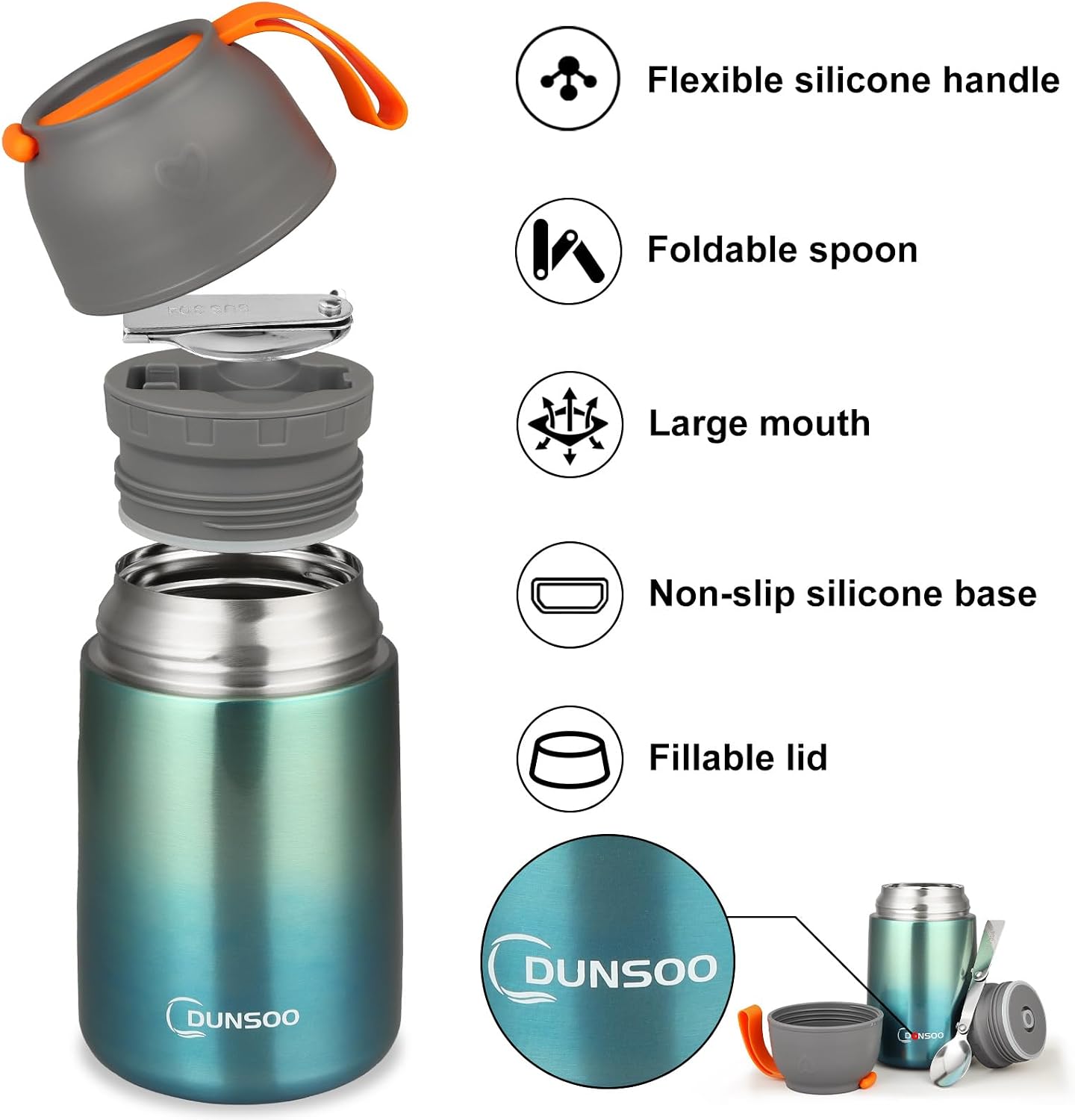 Detalle de DUNSOO thermocontainer 650 ml in roestvrij staal met opvouwbare lepel