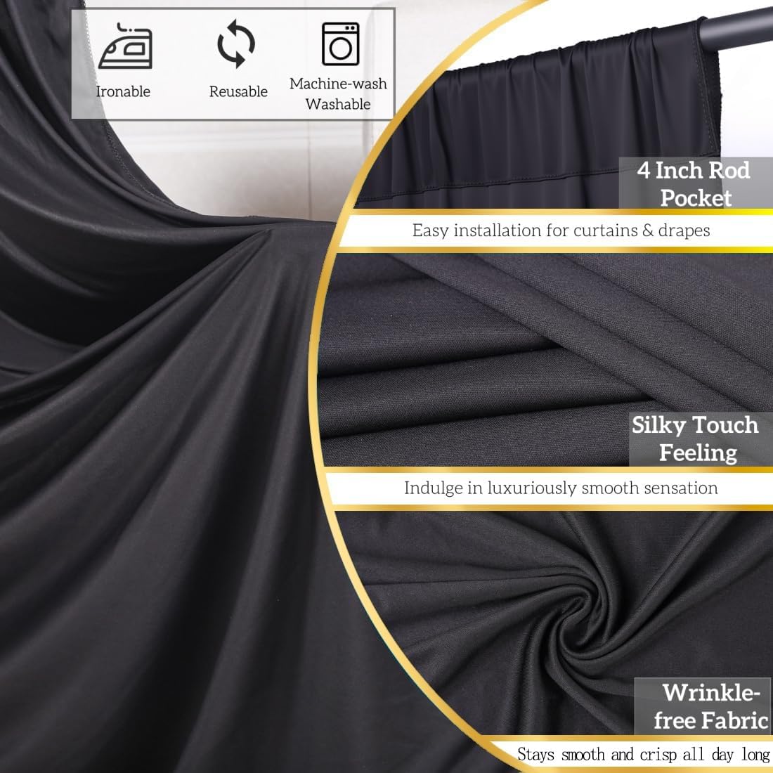Detalle de EJNSQA 10x12 ft Black Backdrop Curtains for Wedding, Party and Photo – 2 Panels