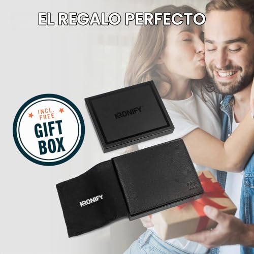 Detalle de KRONIFY cartera de piel auténtica Nappa negra con protección RFID y 13 compartimentos