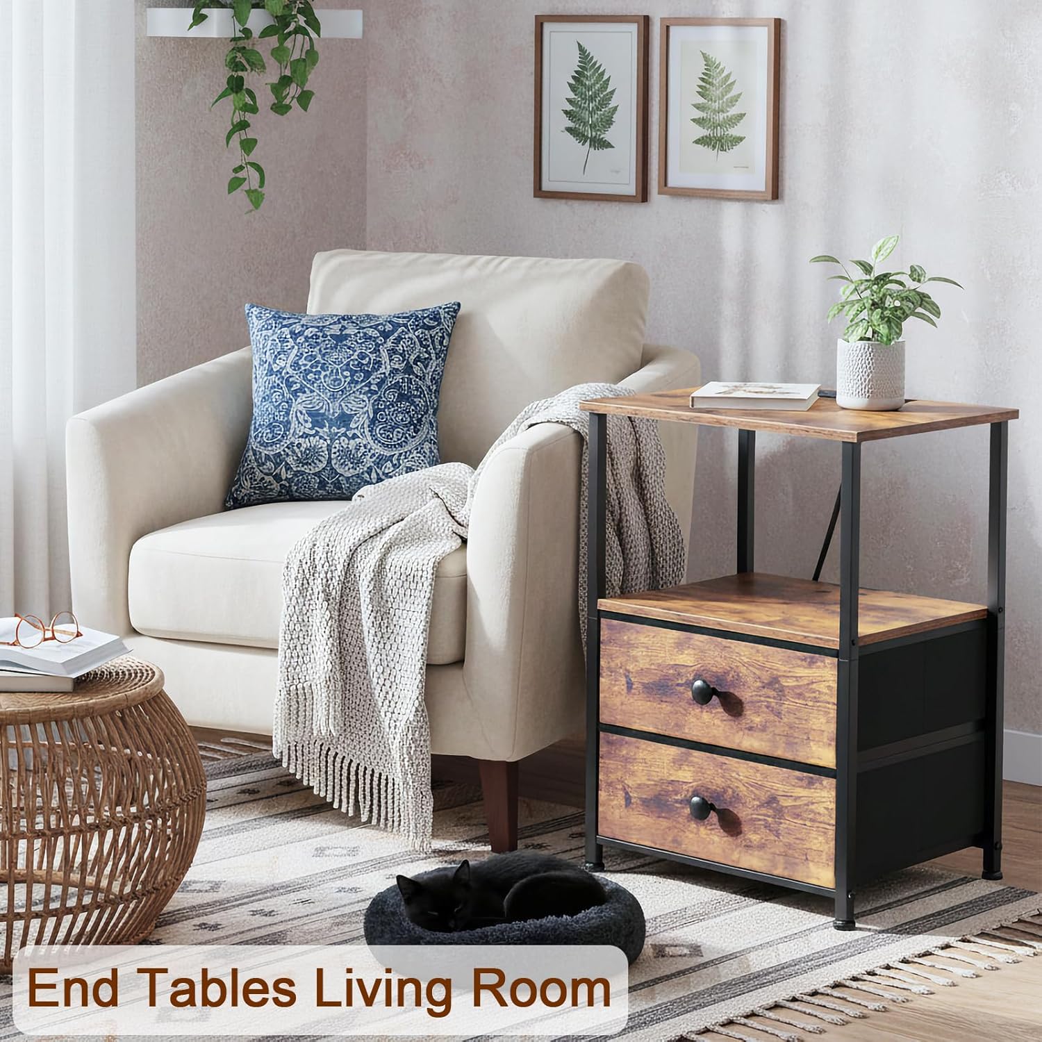 Thumbnail 6 de LOAKEKEL Night Stand Set of 2 with Charging Station, 2 Fabric Drawers and Storage Shelves