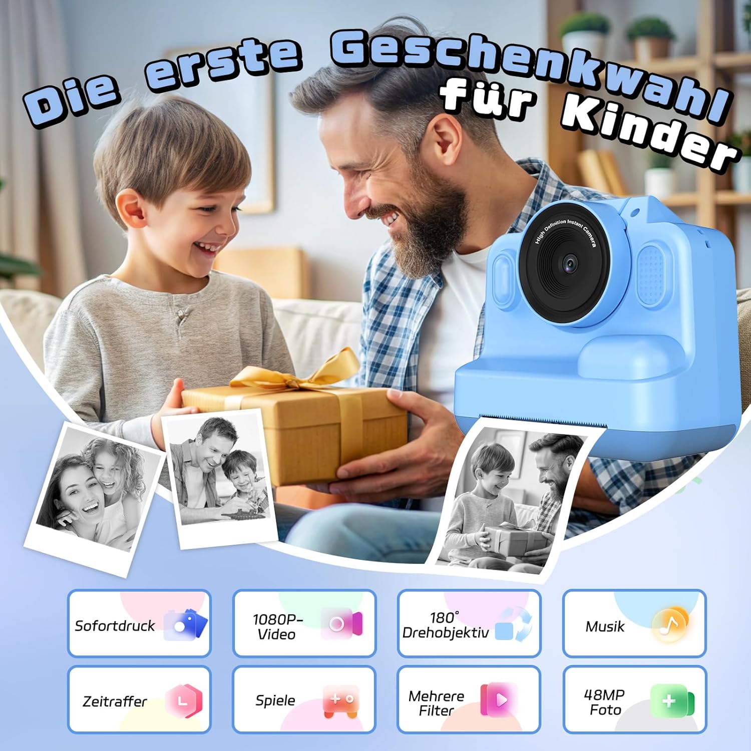 Thumbnail 1 de WOWAWOLA Sofortbildkamera Kinder mit 180° Klappobjektiv – 1080P, 32GB, Druckpapier & Mehr