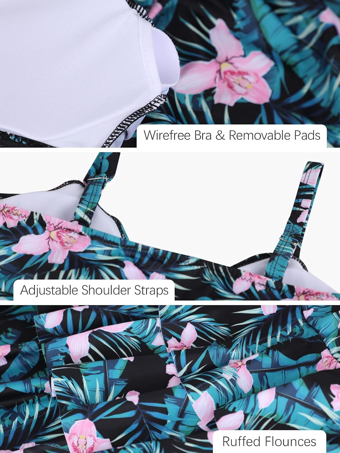 Detalle 2 de ECUPPER Womens Tankini Sets: Ruffled Flounce Top with Printed Shorts, 2-Piece Plus Size Swimwear