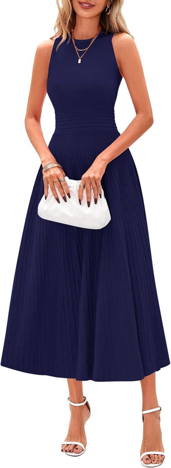 Detalle de PRETTYGARDEN PR930 Women's Pleated Knit Midi Dress, Sleeveless A-Line