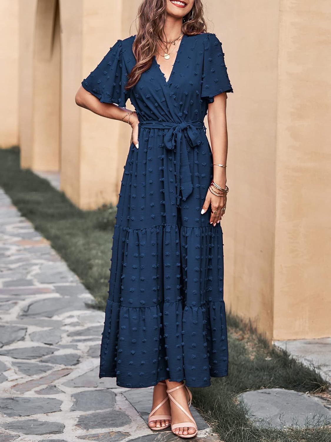 Detalle de MASCOMODA Women's Summer Swiss Dot Maxi Dress with Wrap V-Neck and Flutter Sleeves