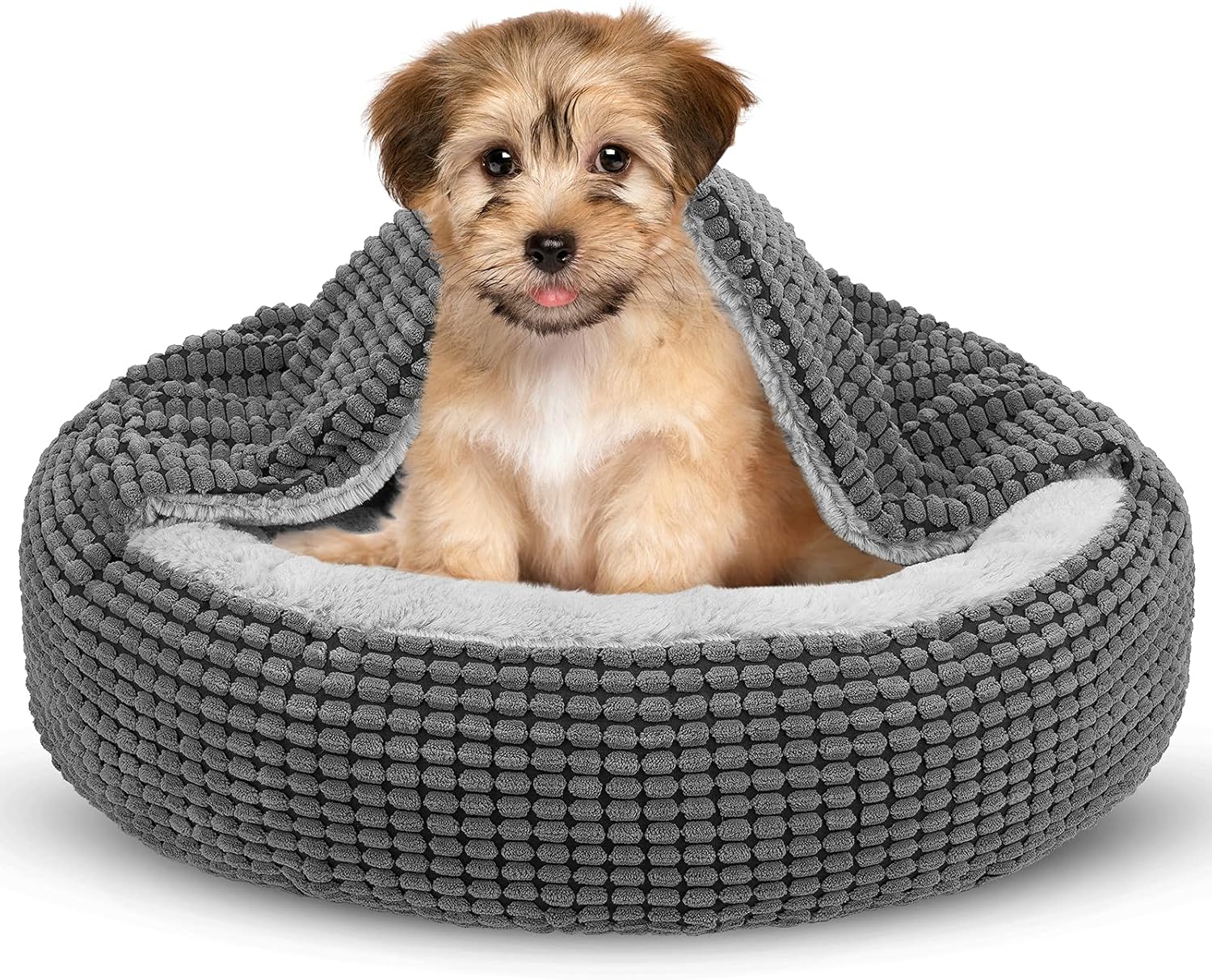 Detalle de SIWA MARY PB0053-GY-23IN Hooded Dog Bed, 23-Inch Plush Donut with Attached Blanket