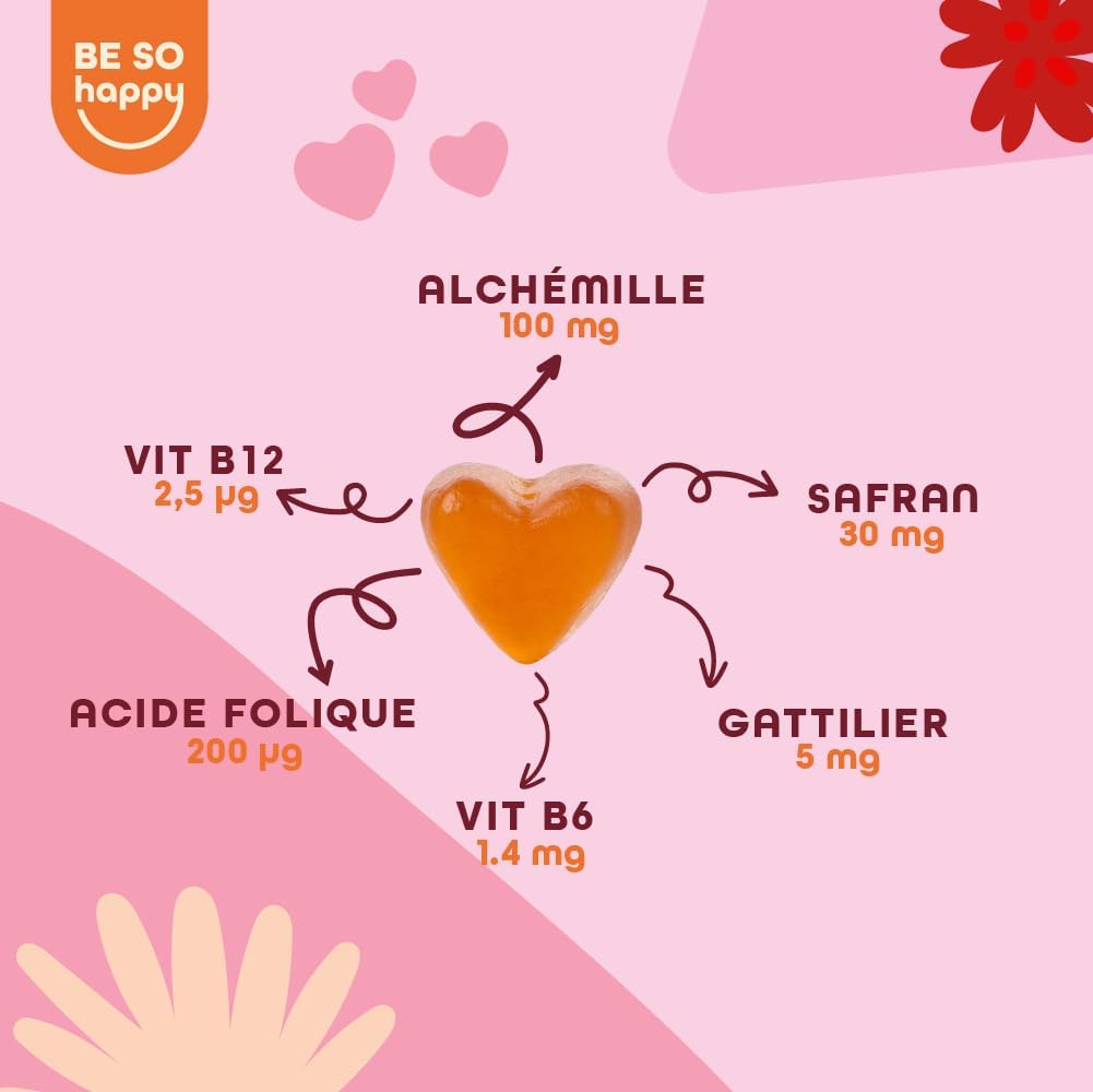 Detalle de Supplément sans sucre PMS PEACE BeSoHappy® – 60 bonbons végétaliens, sas sucre