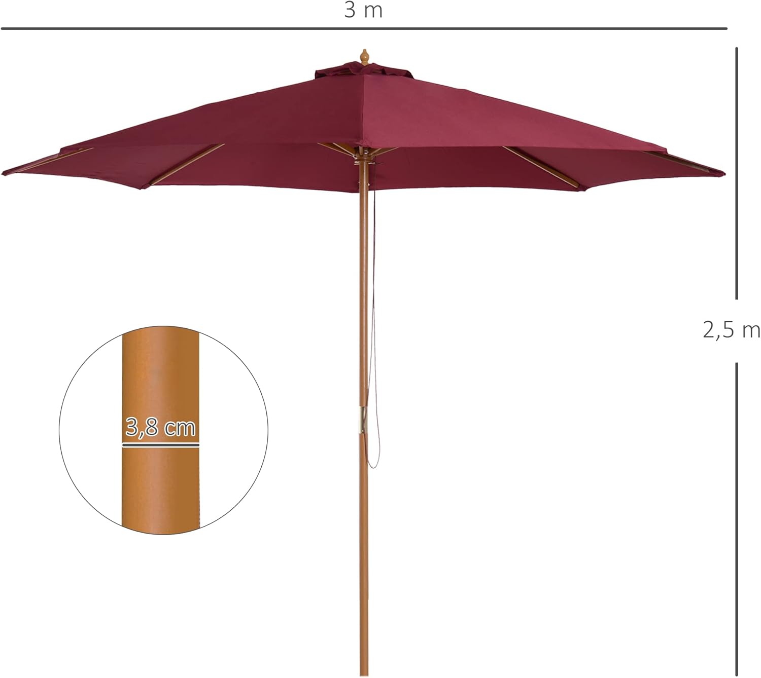 Thumbnail 6 de Outsunny Parasol de jardin droit double toit en bois et polyester haute densité (Ø 3 x 2,5 m)