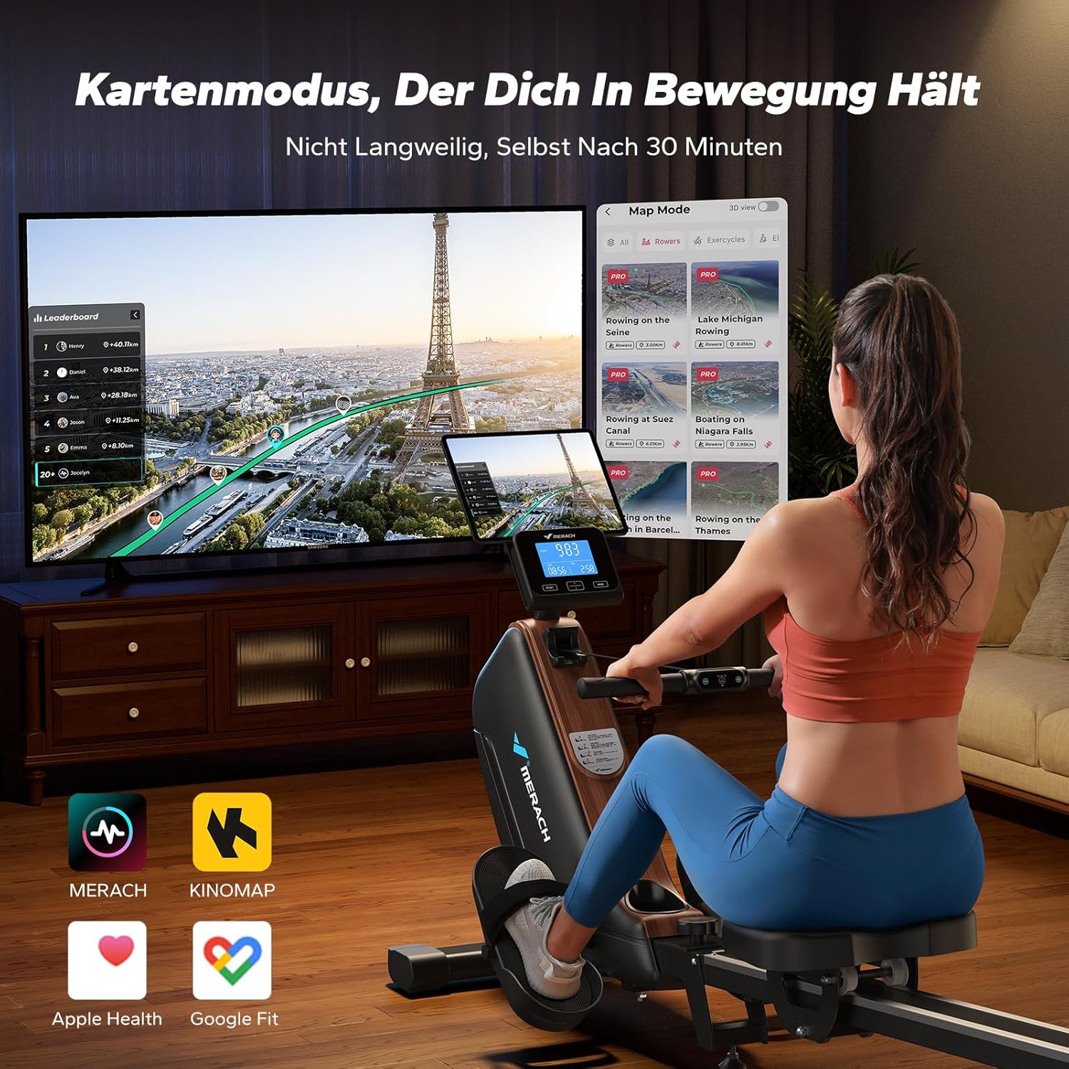Detalle de MERACH Rudergerät für Zuhause klappbar mit Magnetbremse, 16 Widerstandsstufen & App