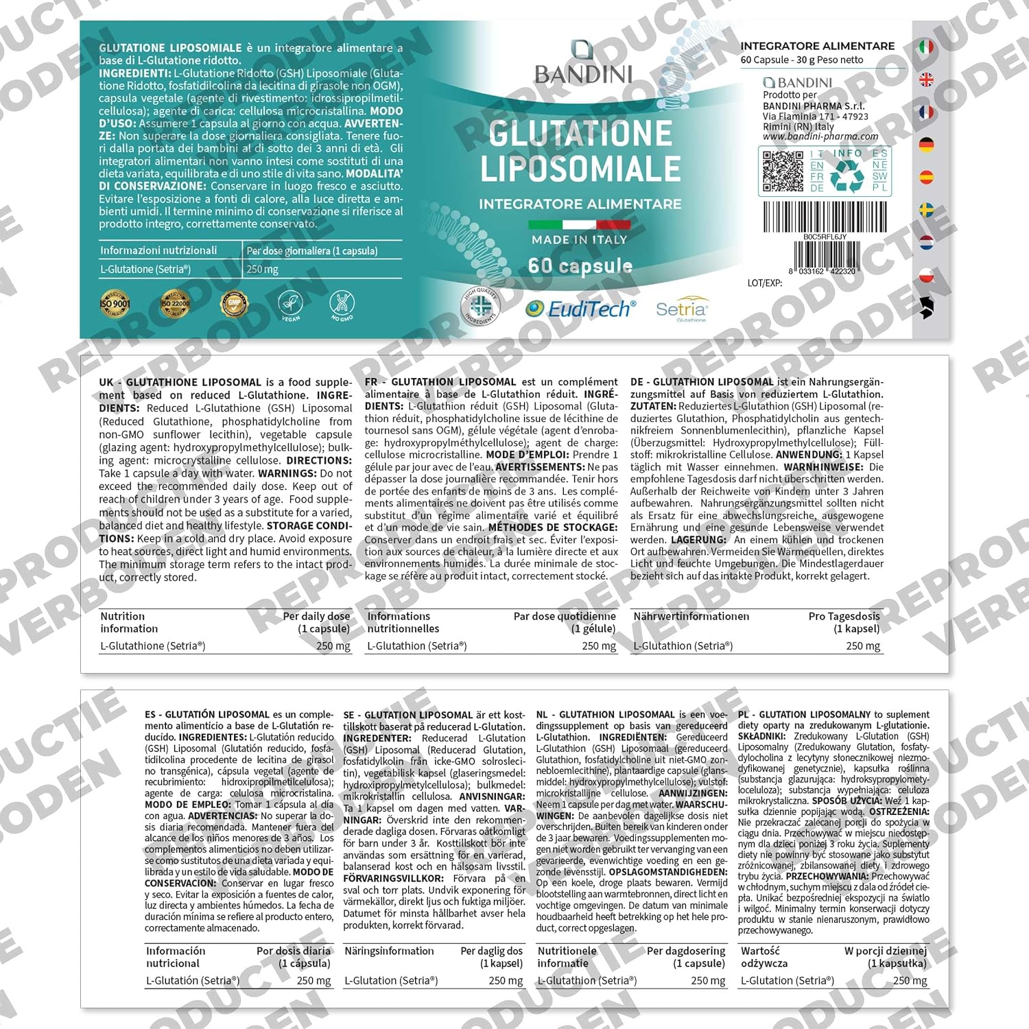 Detalle 1 de Bandini® Glutathion Liposomaal, 60 capsules met 250 mg L-glutathion Setria