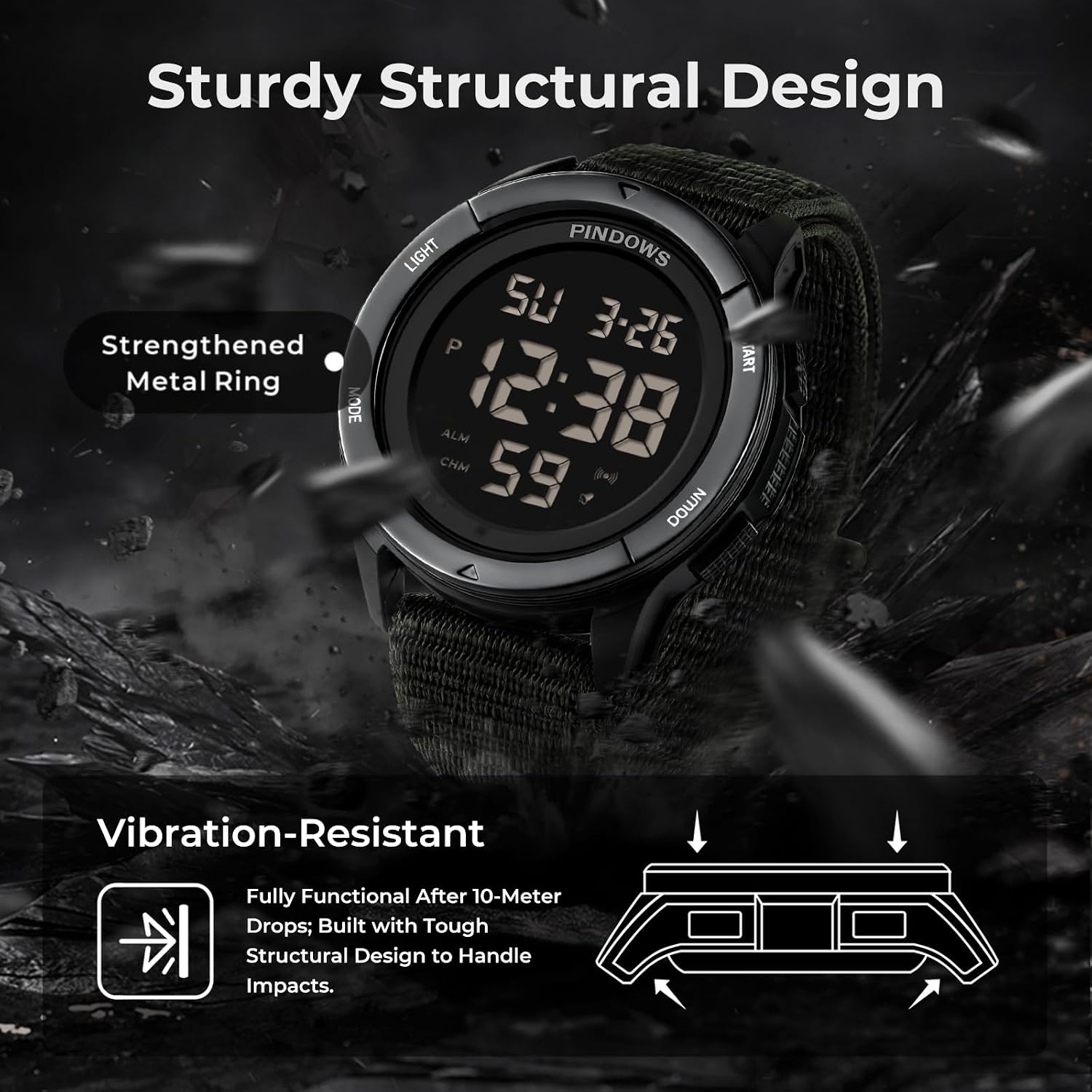 Thumbnail 6 de PINDOWS Herren Digitaluhr: 50m Wasserdicht, Militär-Taktisch für Outdoor & Sport