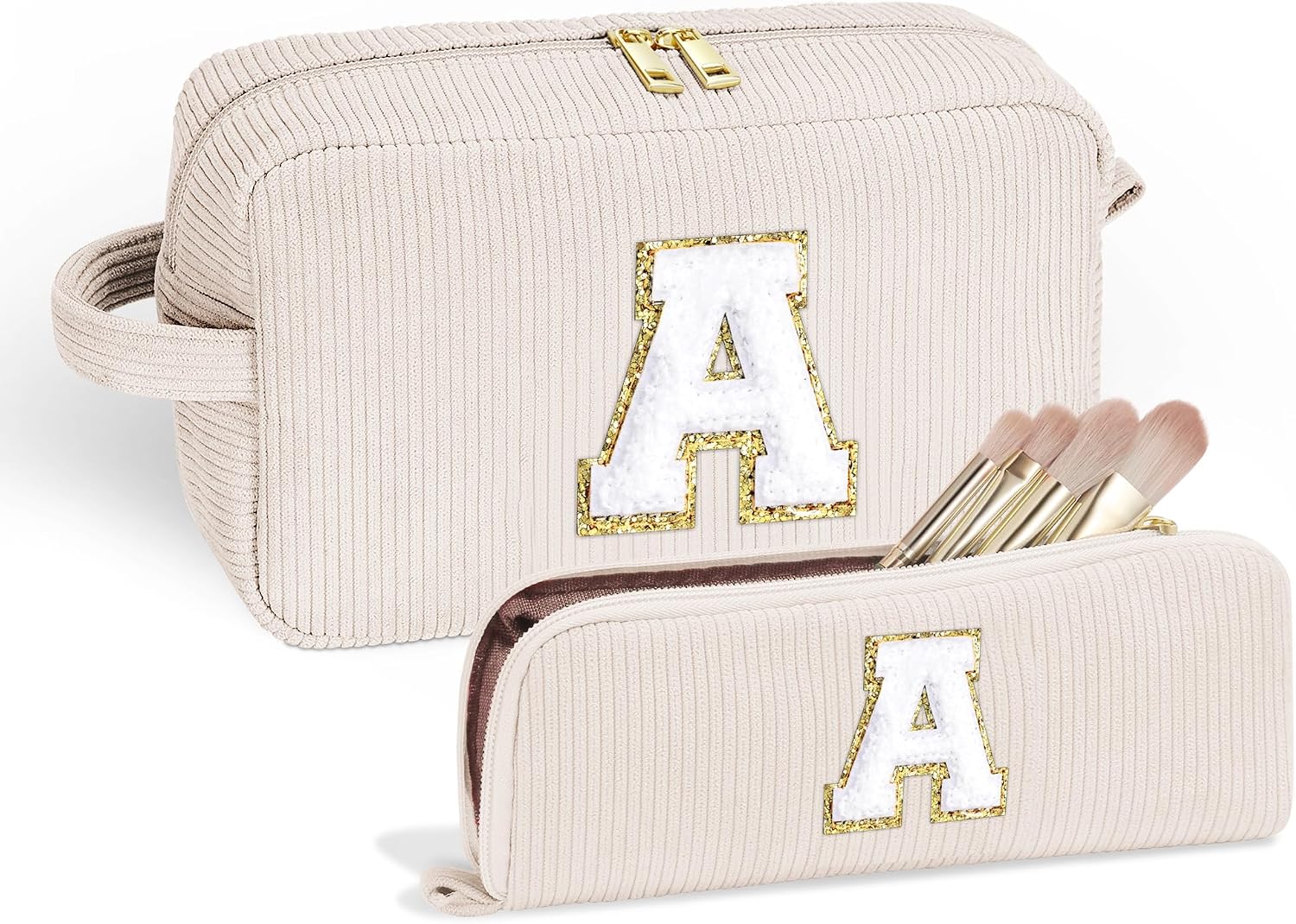 Parima personalisierte Cord Make-up-Tasche 2‑teiliges Set mit Buchstaben A – Groß 25×15×9 cm, Mini 22×9 cm