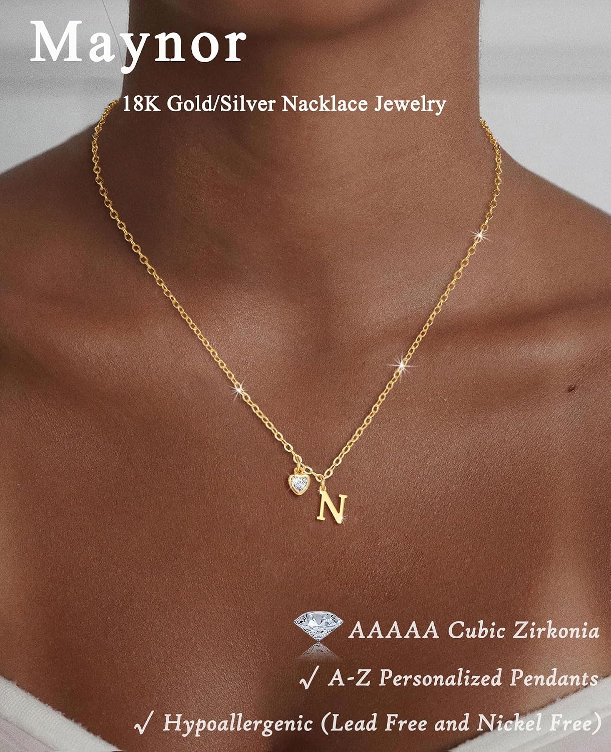 Detalle 2 de Maynor Gold Damen Buchstaben Kette mit Herzanhänger – Initialen A–Z, 18K Vergoldet, 42 cm + 5 cm Verlängerung