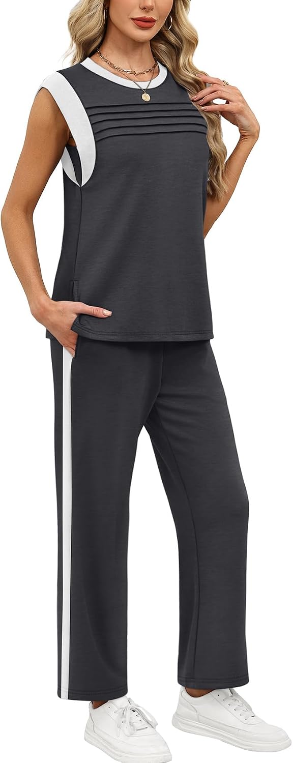 Detalle de WIHOLL Two-Piece Lounge Set for Women (Cap Sleeve Top + Side Slit Wide-Leg Pants), S-3XL