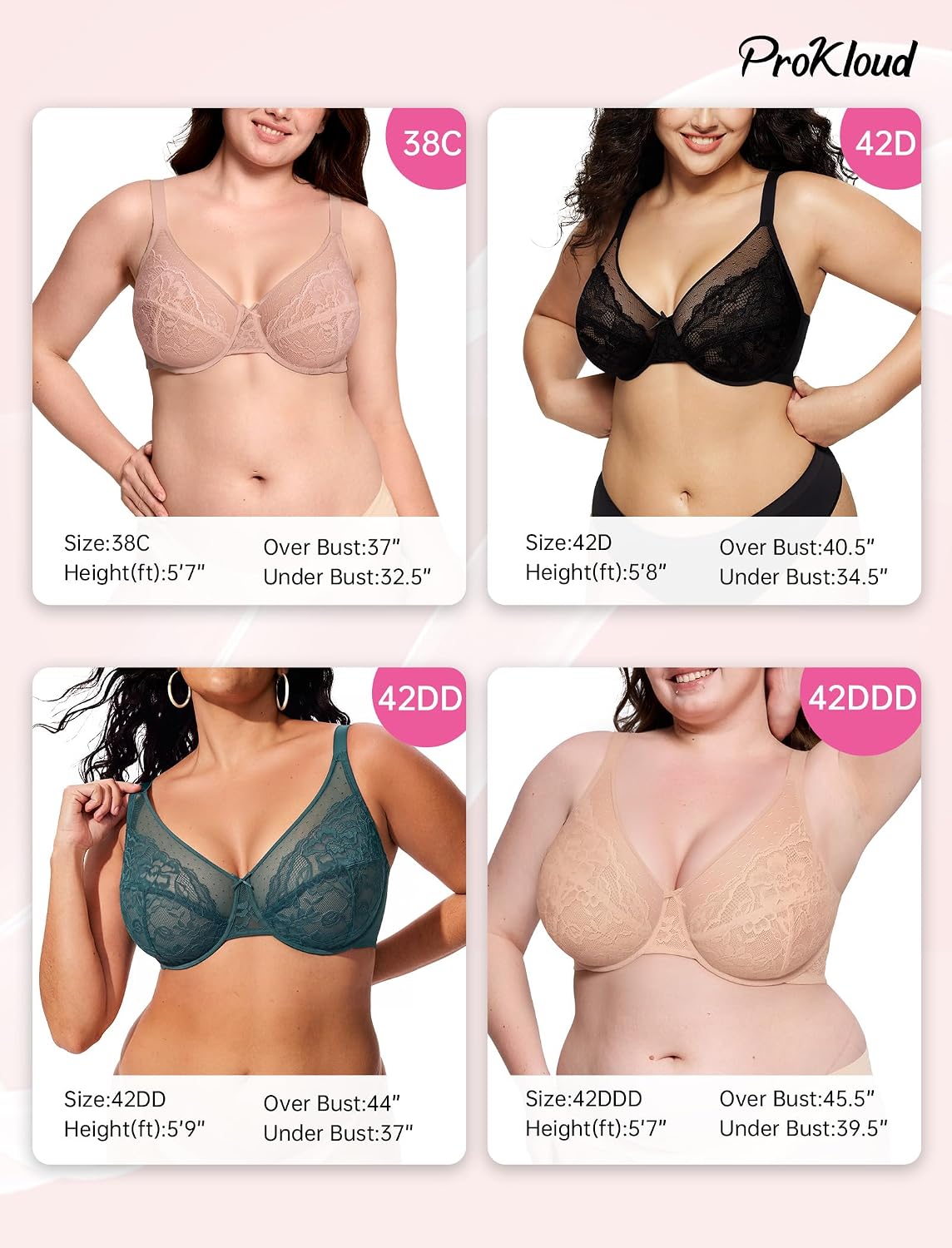 Detalle 2 de ProKloud Minimizer Bra, Full Coverage Unlined Lace with Underwire Support