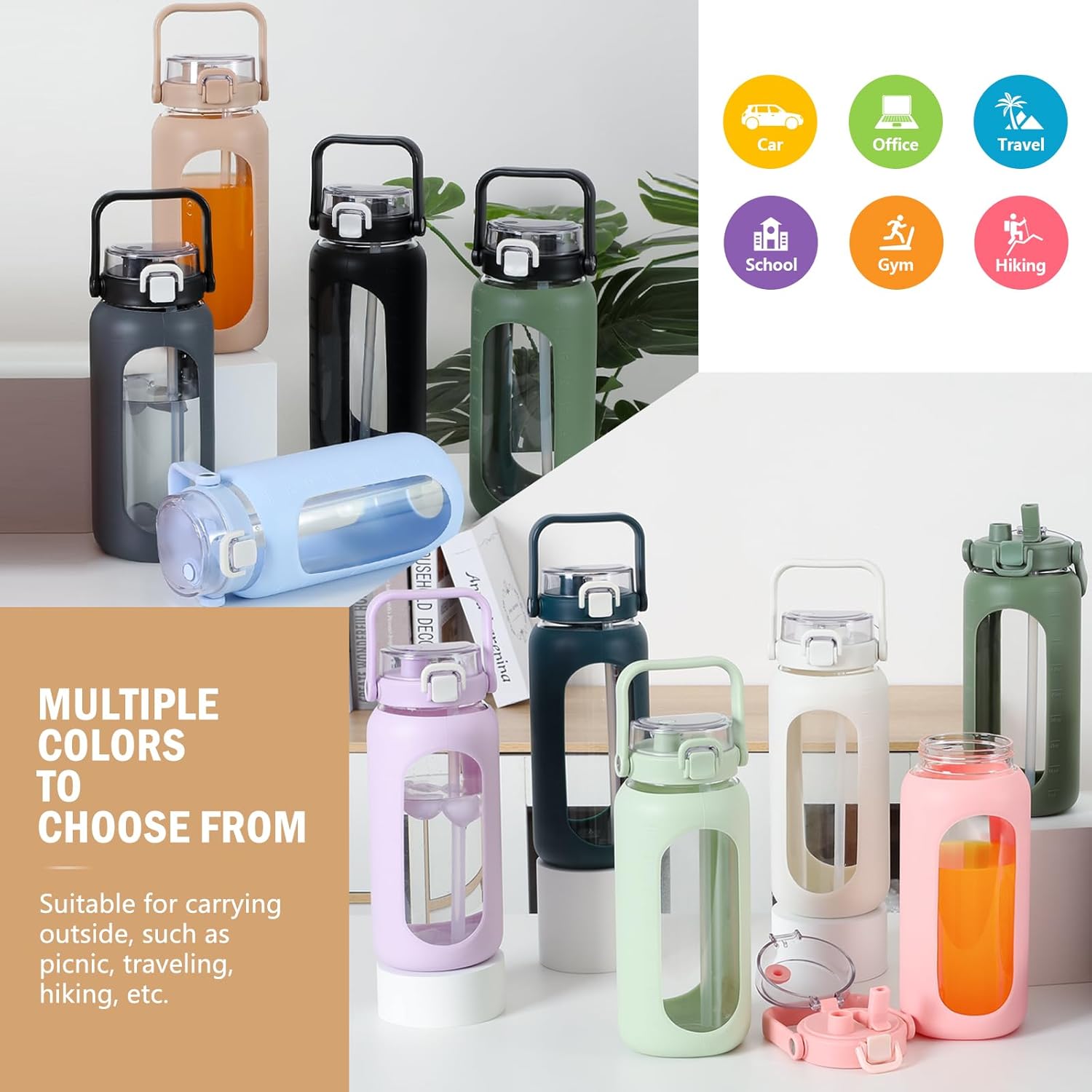 Thumbnail 6 de BLUEGO 2L Gourd en verre avec paille et manchon en silicone — bouteille d'eau 2 litres pour sport et quotidien