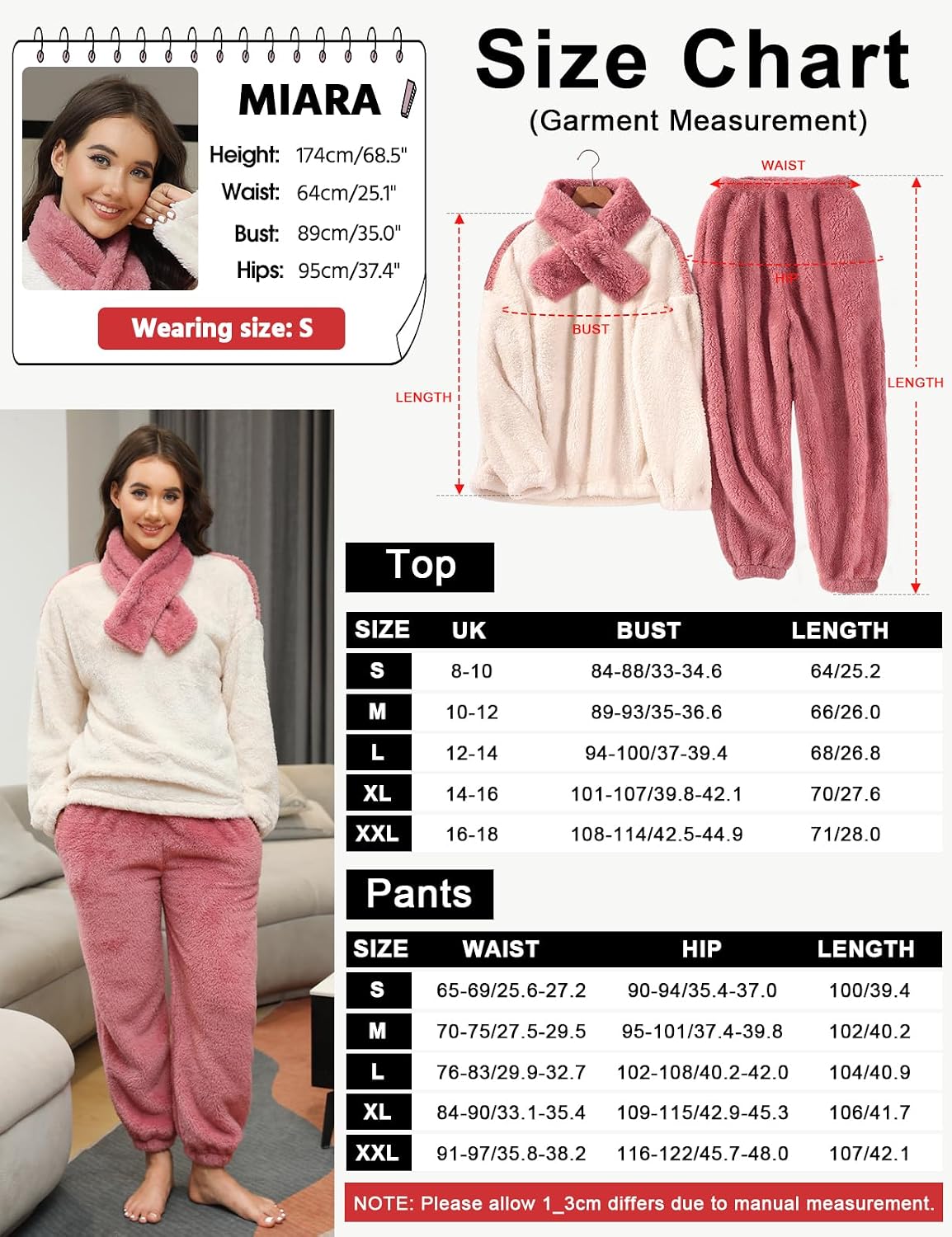 Thumbnail 6 de TOMEEK Damen Schlafanzug Set Winter – Kuscheliger Polar-Fleece 3-teilig (Langarm-Oberteil, Hose, Schal) in Orange/Rosa, Größe M