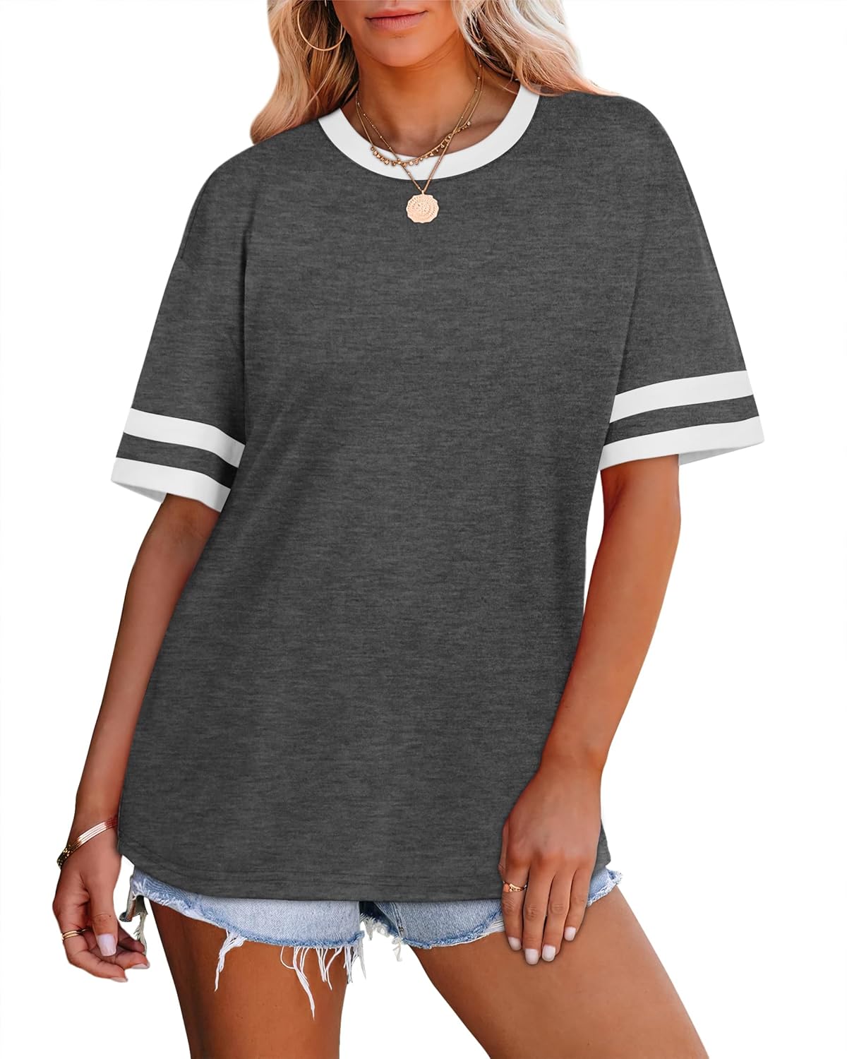 Thumbnail 2 de WIHOLL Women’s Loose Fit Color Block Crew Neck T-Shirts (Short Sleeve)