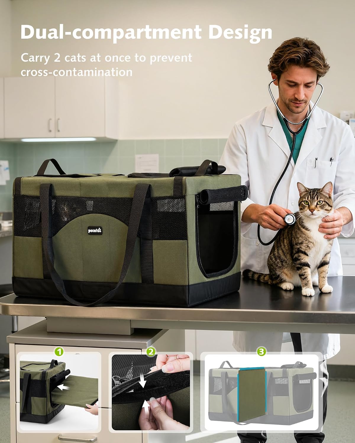 Detalle de Pecute Katzentransportbox für 2 Katzen (faltbar) – Transporttasche mit stabilem Edelstahlrahmen, Dunkelgrün