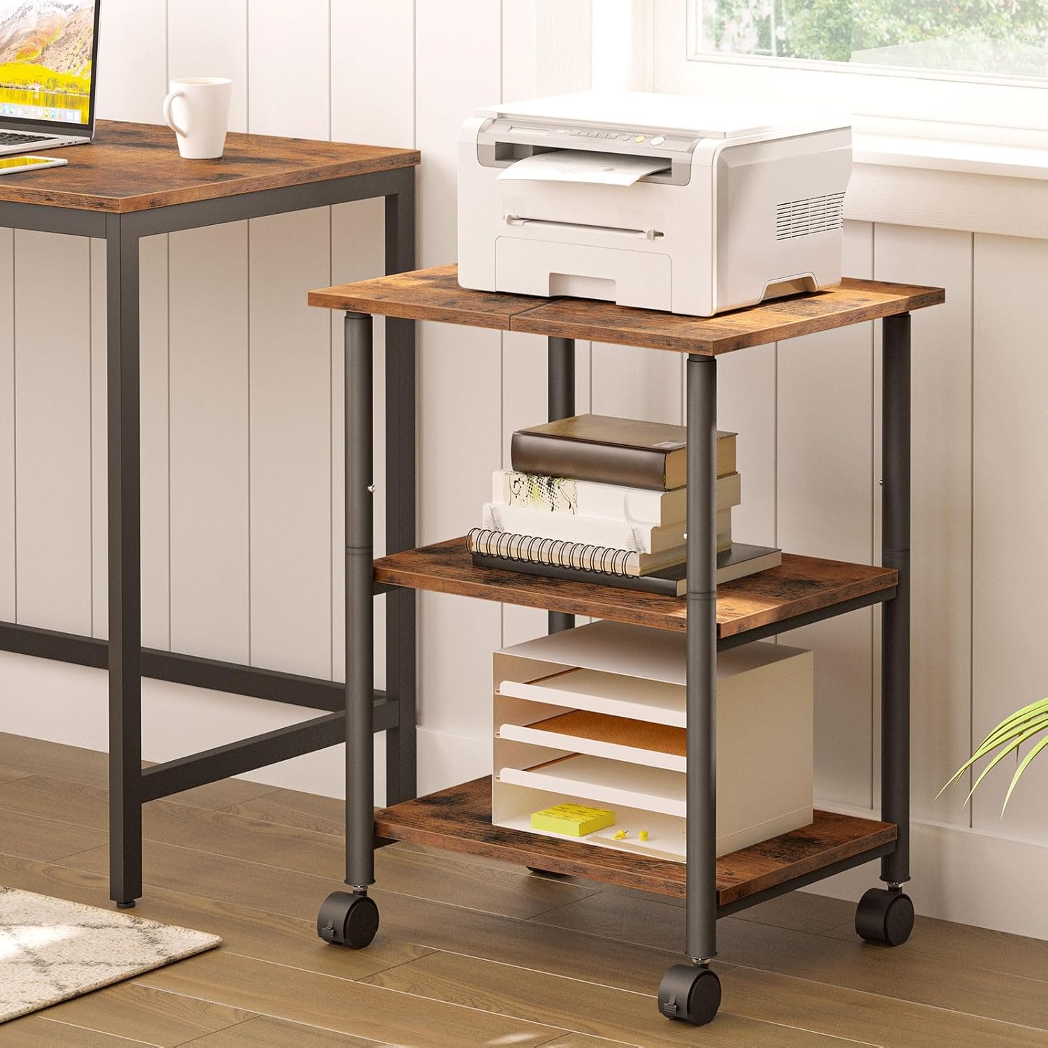 Detalle 2 de HOOBRO Druckertisch EBF03PS01G1 mit 3 Ebenen, höhenverstellbar und arretierbaren Rädern