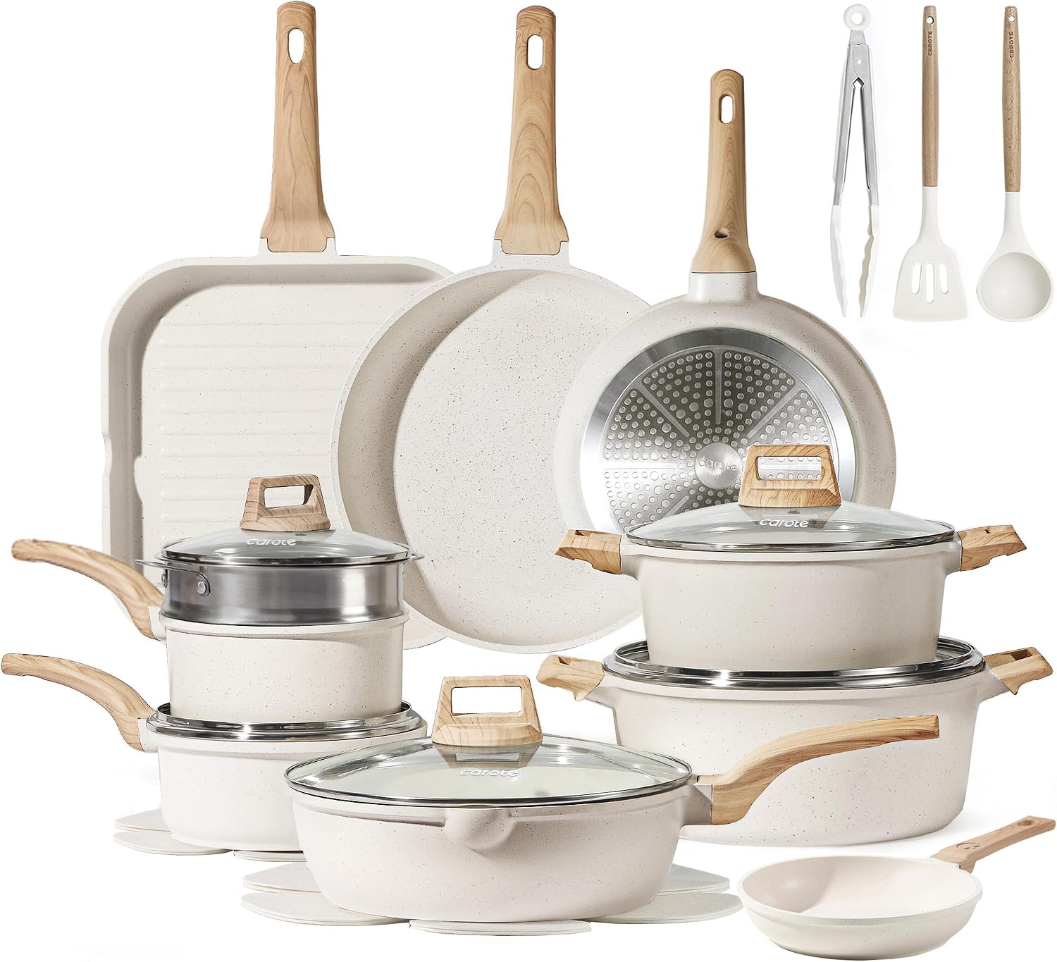 Detalle de CAROTE 26-Piece Cookware Set, Cream White Nonstick with Grill Pan and Steamer